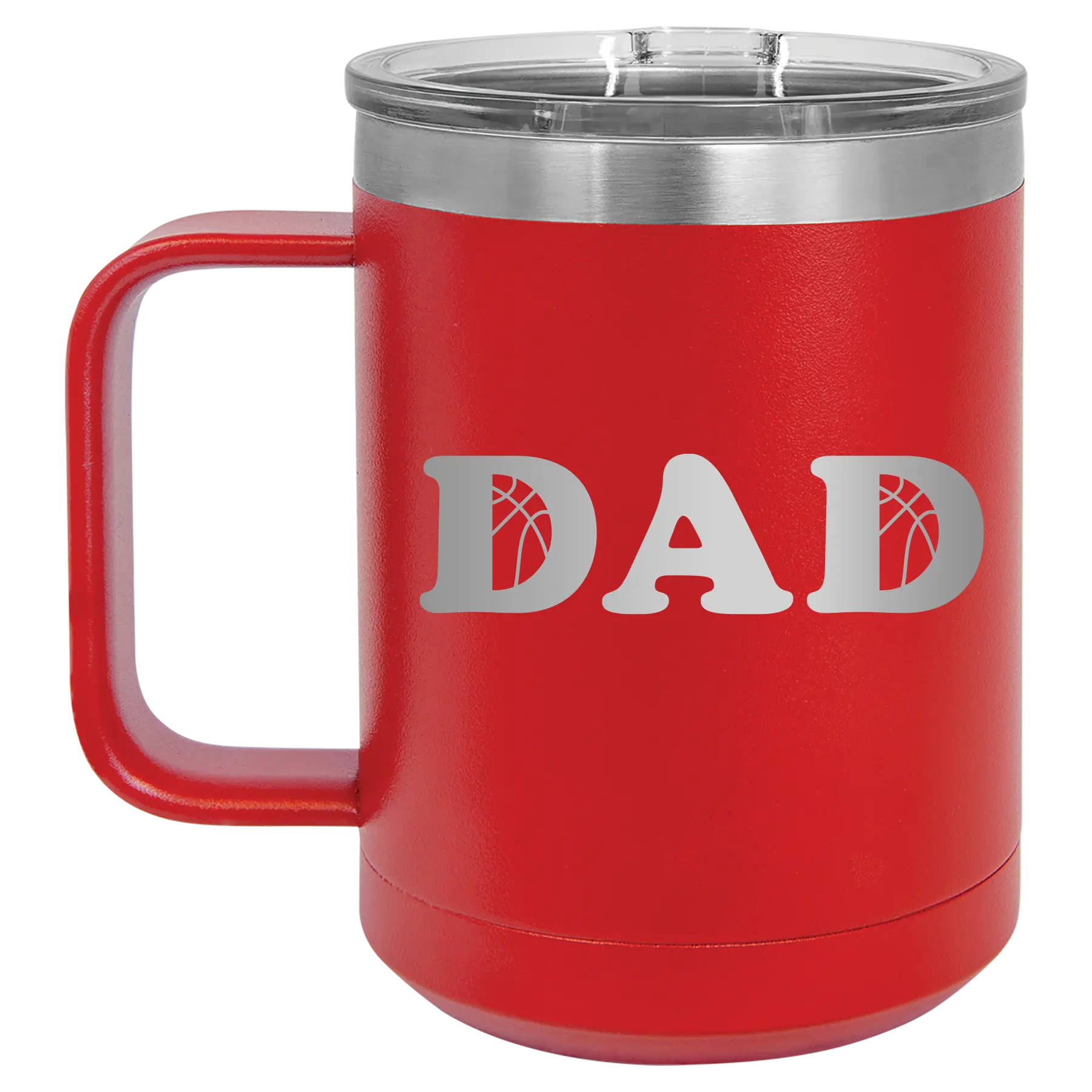 Laser etched red 15 oz vacuum insulated coffee mug with 'Basketball Dad' design