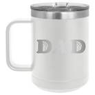 Laser etched white 15 oz vacuum insulated coffee mug with 'Basketball Dad' design