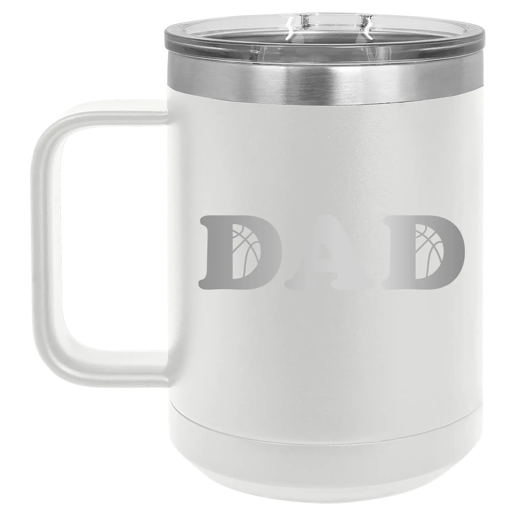 Laser etched white 15 oz vacuum insulated coffee mug with 'Basketball Dad' design