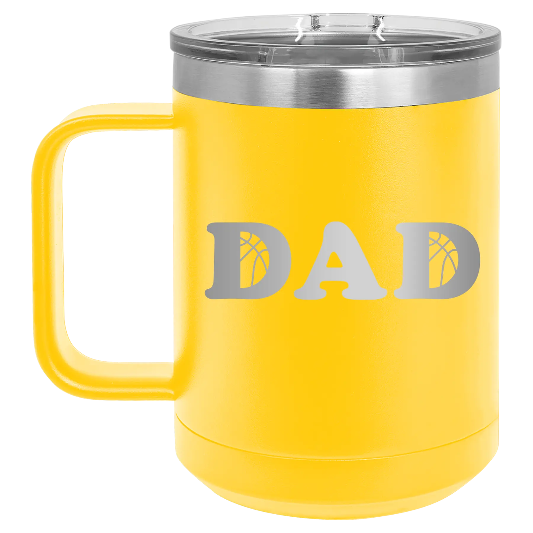 Laser etched yellow 15 oz vacuum insulated coffee mug with 'Basketball Dad' design