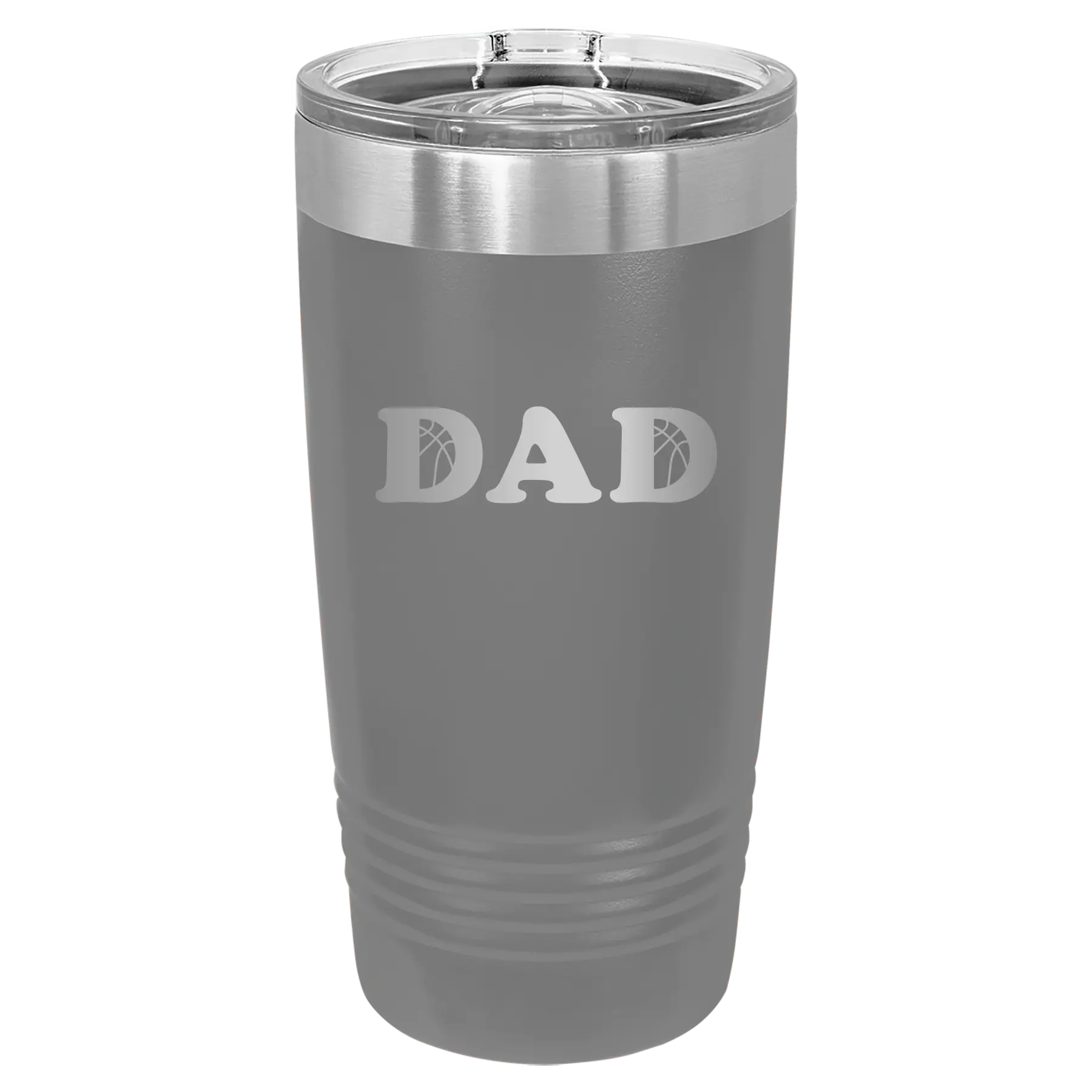 Laser etched dark gray 20 oz vacuum insulated tumbler with 'Basketball Dad' design