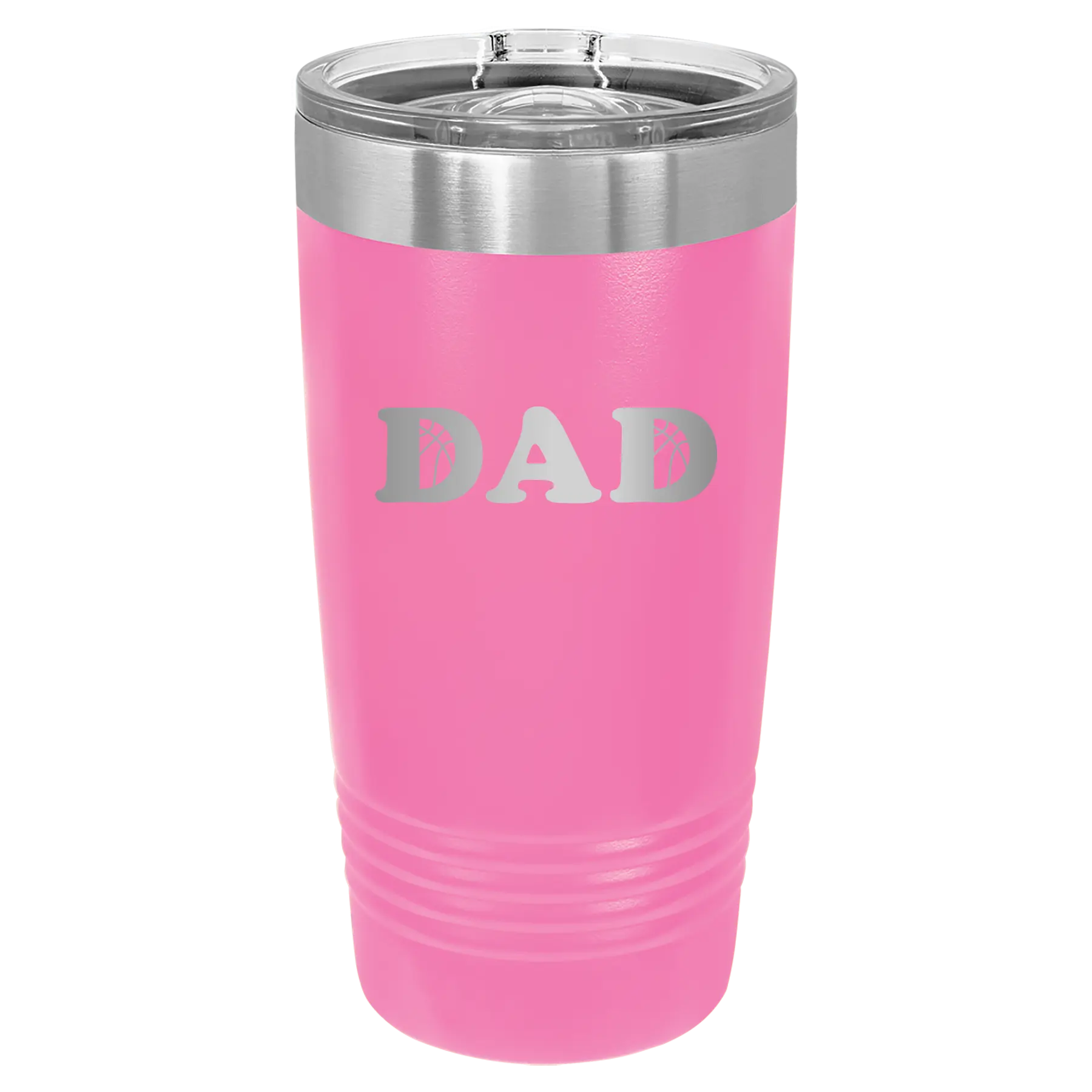 Laser etched pink 20 oz vacuum insulated tumbler with 'Basketball Dad' design