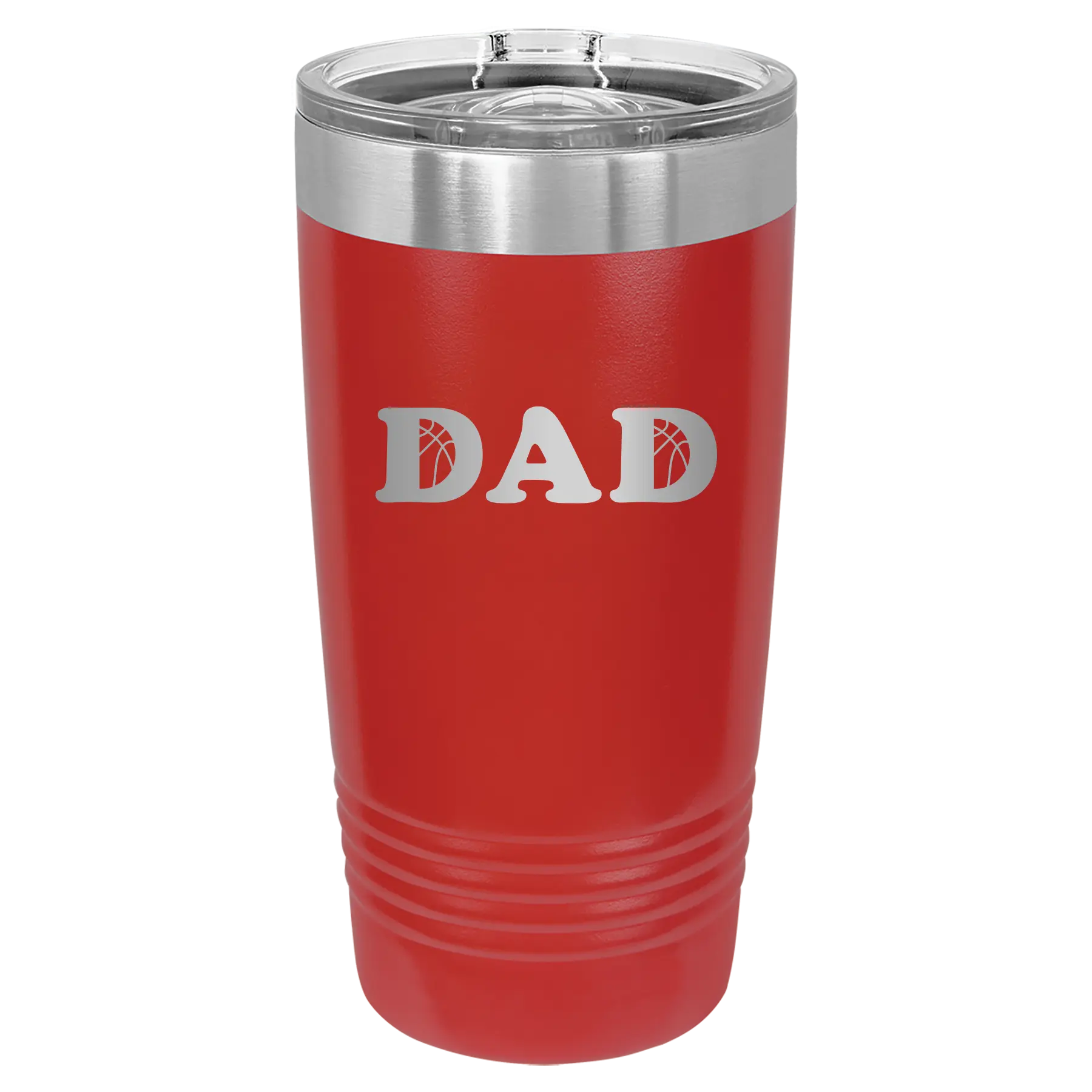 Laser etched red 20 oz vacuum insulated tumbler with 'Basketball Dad' design