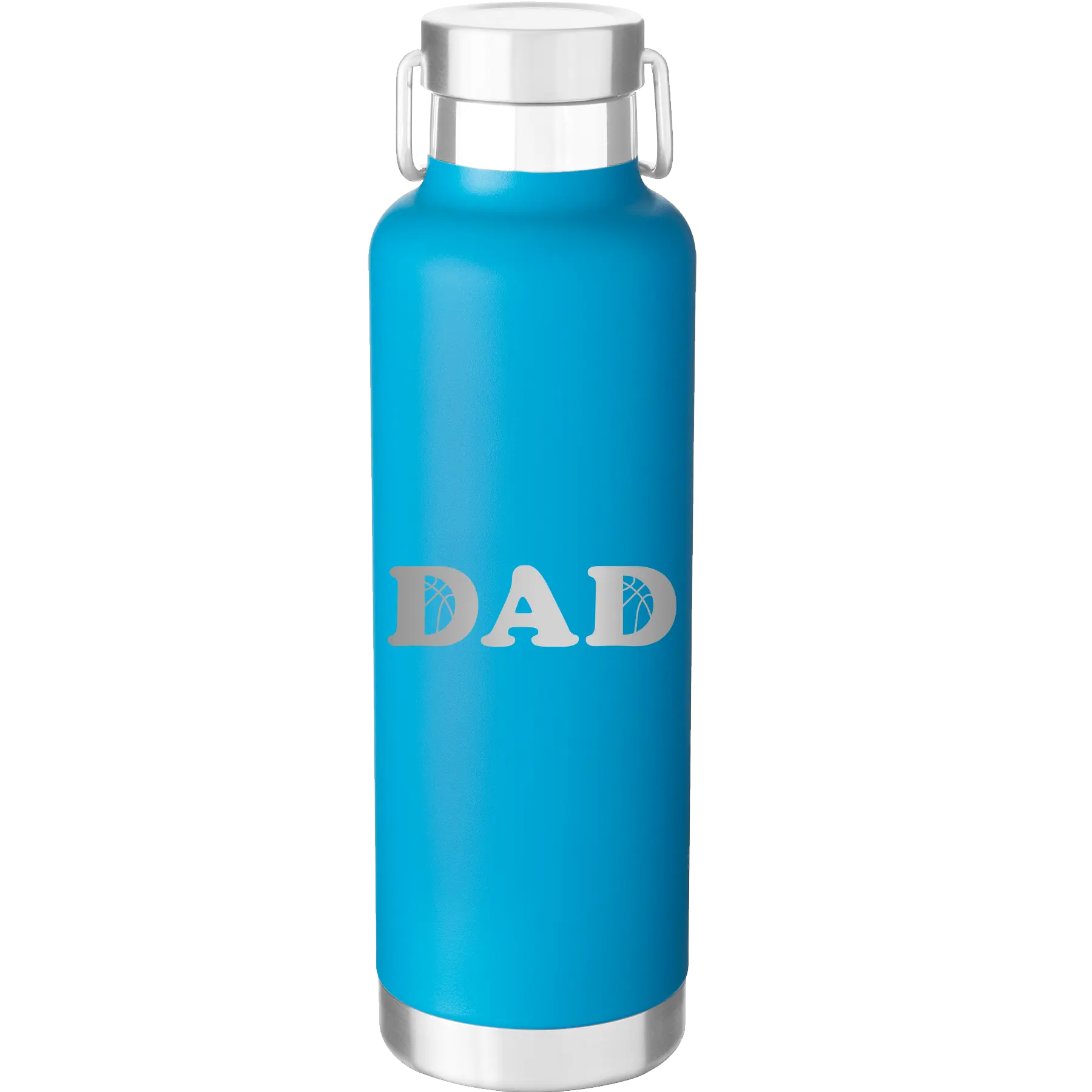 Laser etched aqua 24 oz vacuum insulated water bottle with 'Basketball Dad' design