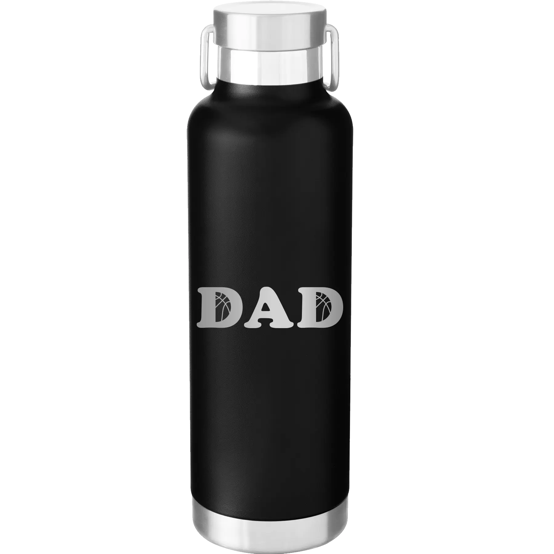 Laser etched black 24 oz vacuum insulated water bottle with 'Basketball Dad' design