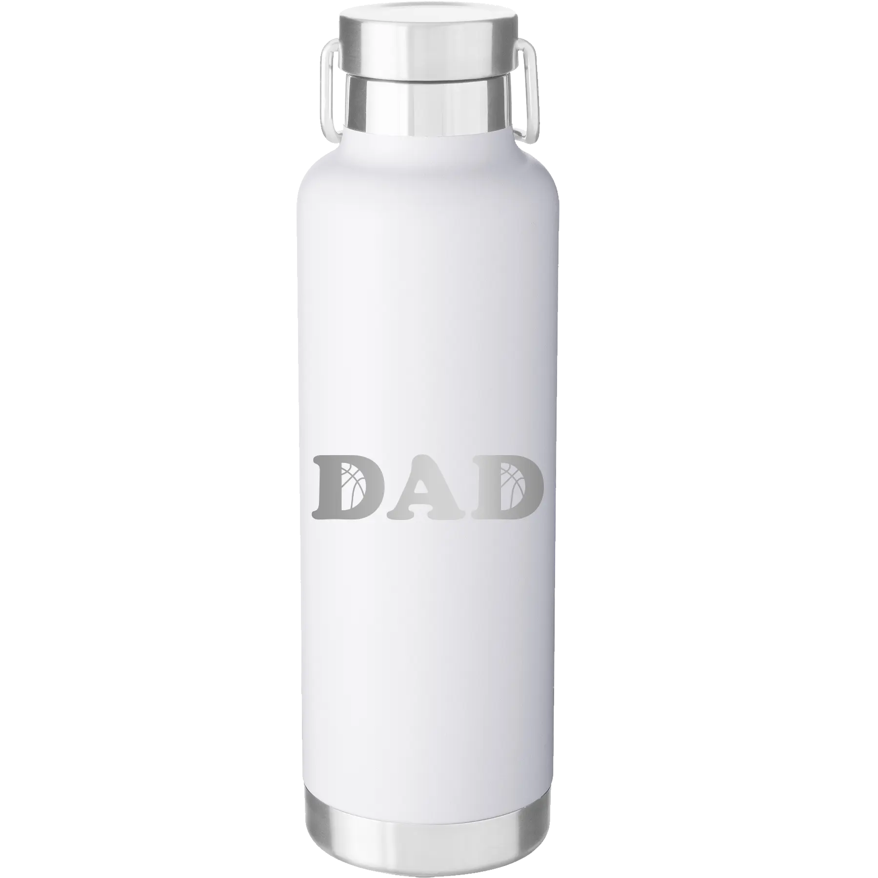 Laser etched white 24 oz vacuum insulated water bottle with 'Basketball Dad' design