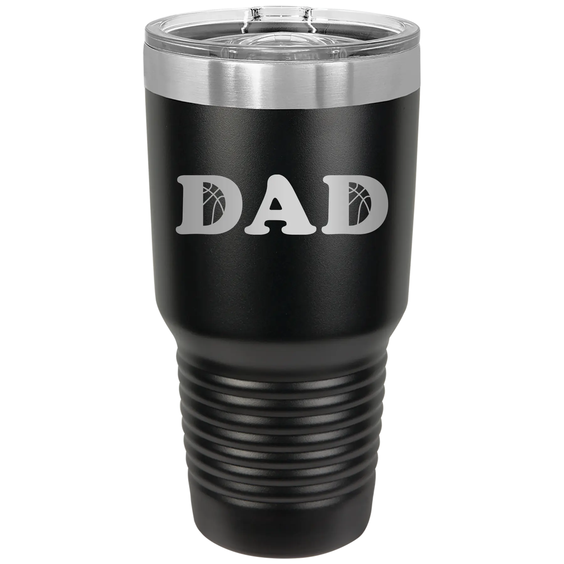 Laser etched black 30 oz vacuum insulated tumbler with 'Basketball Dad' design