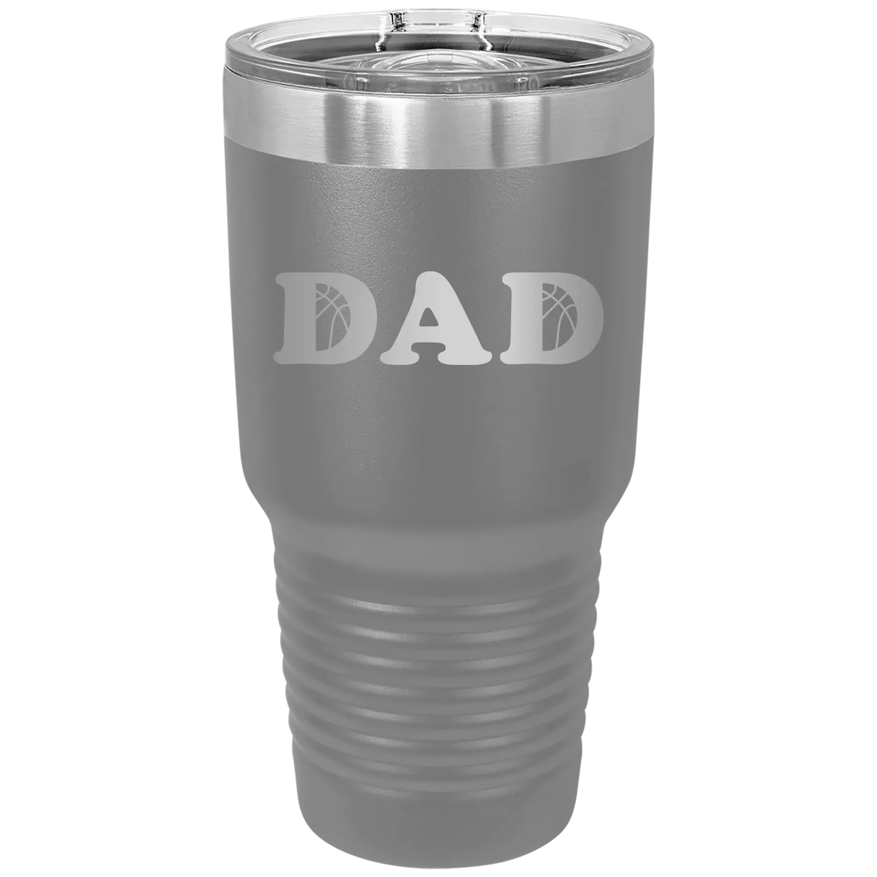 Laser etched dark gray 30 oz vacuum insulated tumbler with 'Basketball Dad' design