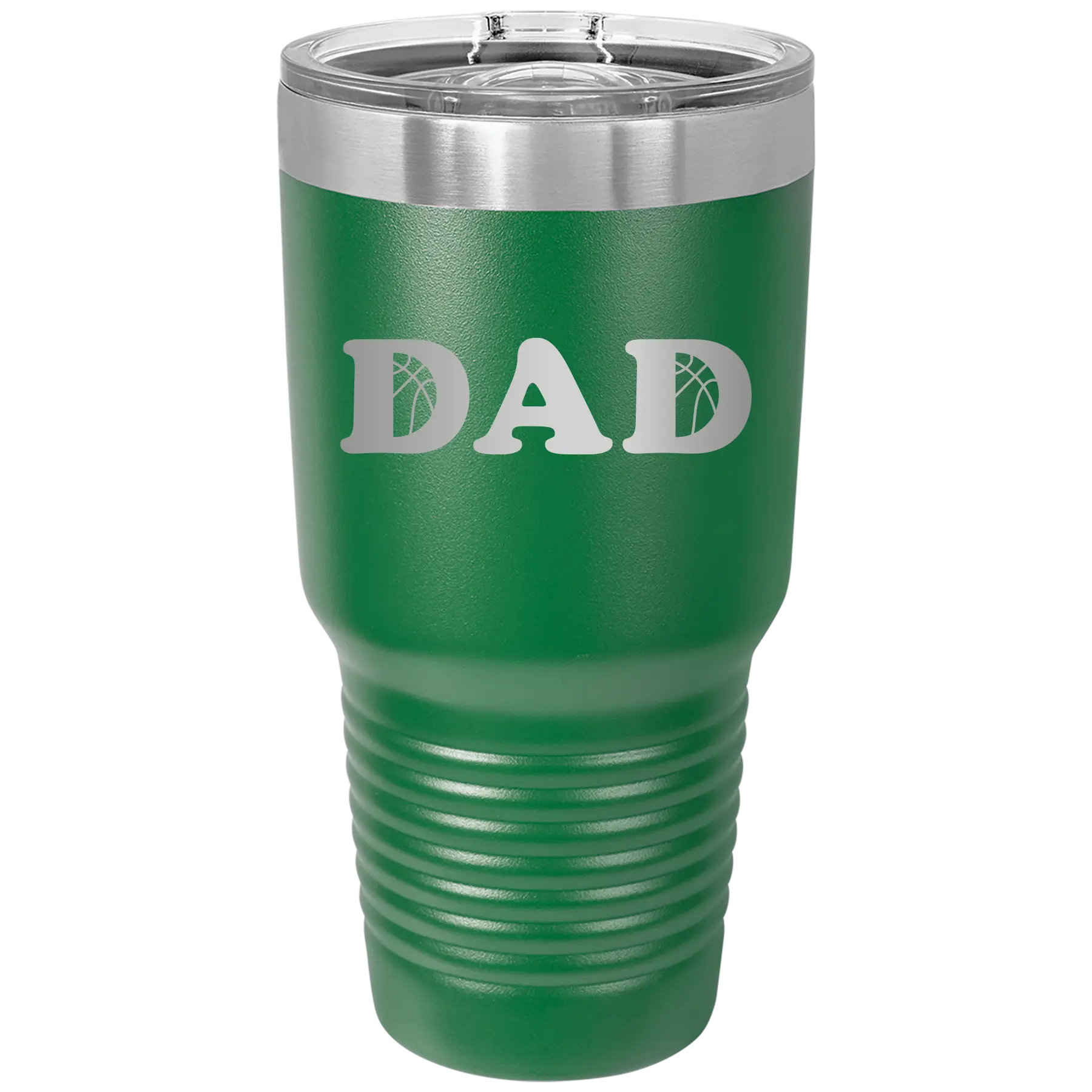 Laser etched green 30 oz vacuum insulated tumbler with 'Basketball Dad' design
