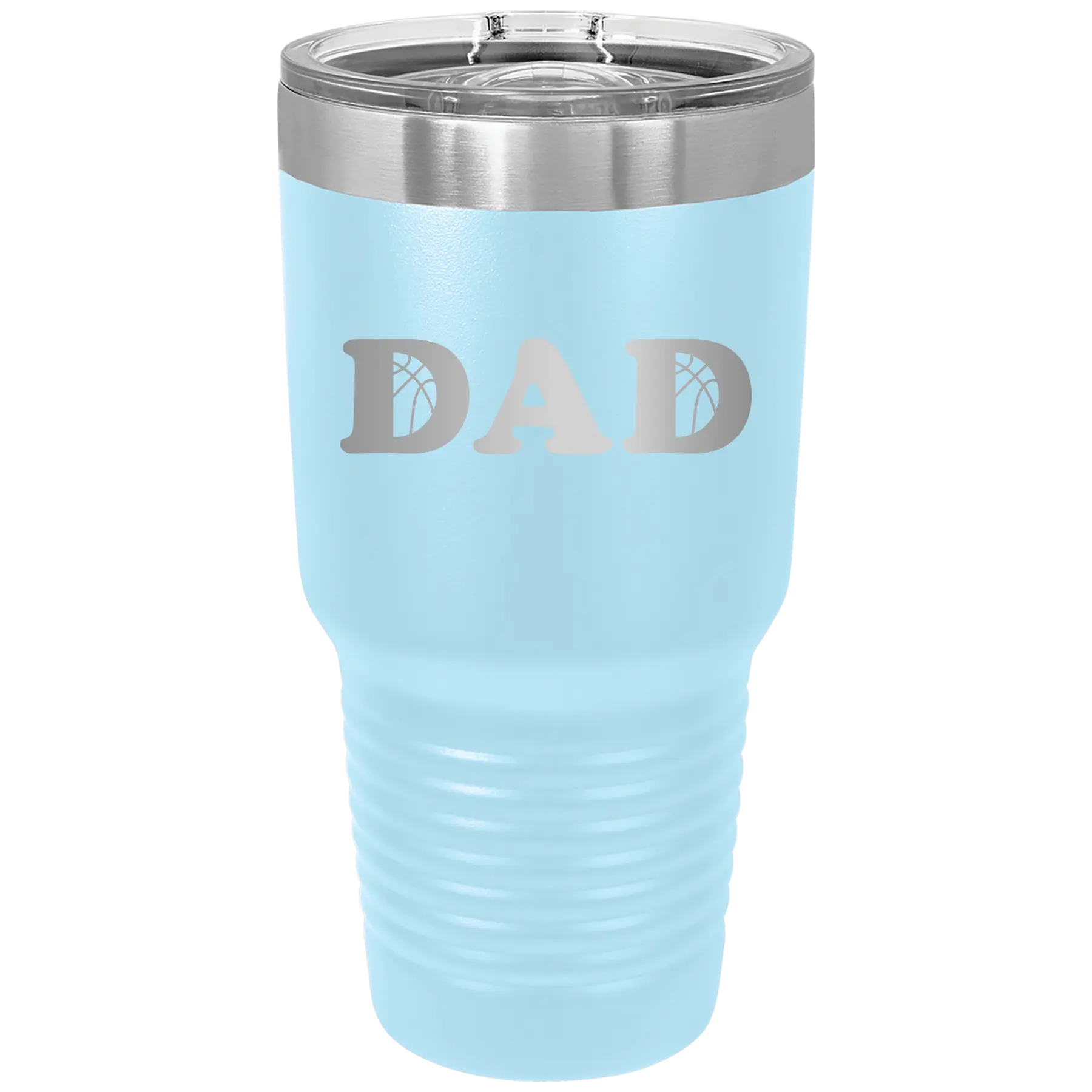 Laser etched light blue 30 oz vacuum insulated tumbler with 'Basketball Dad' design