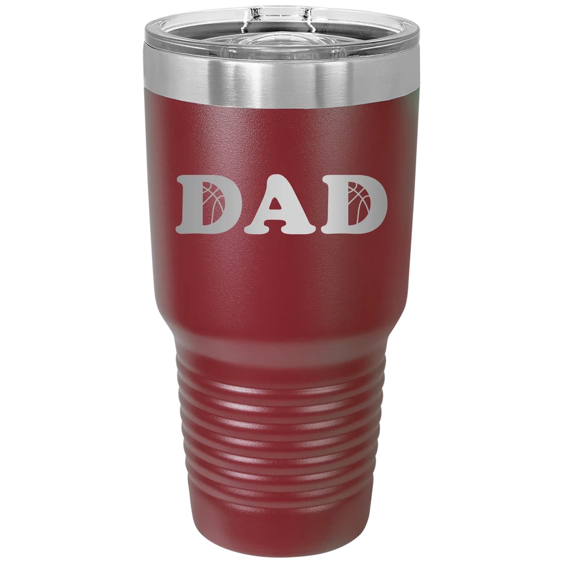 Laser etched maroon 30 oz vacuum insulated tumbler with 'Basketball Dad' design