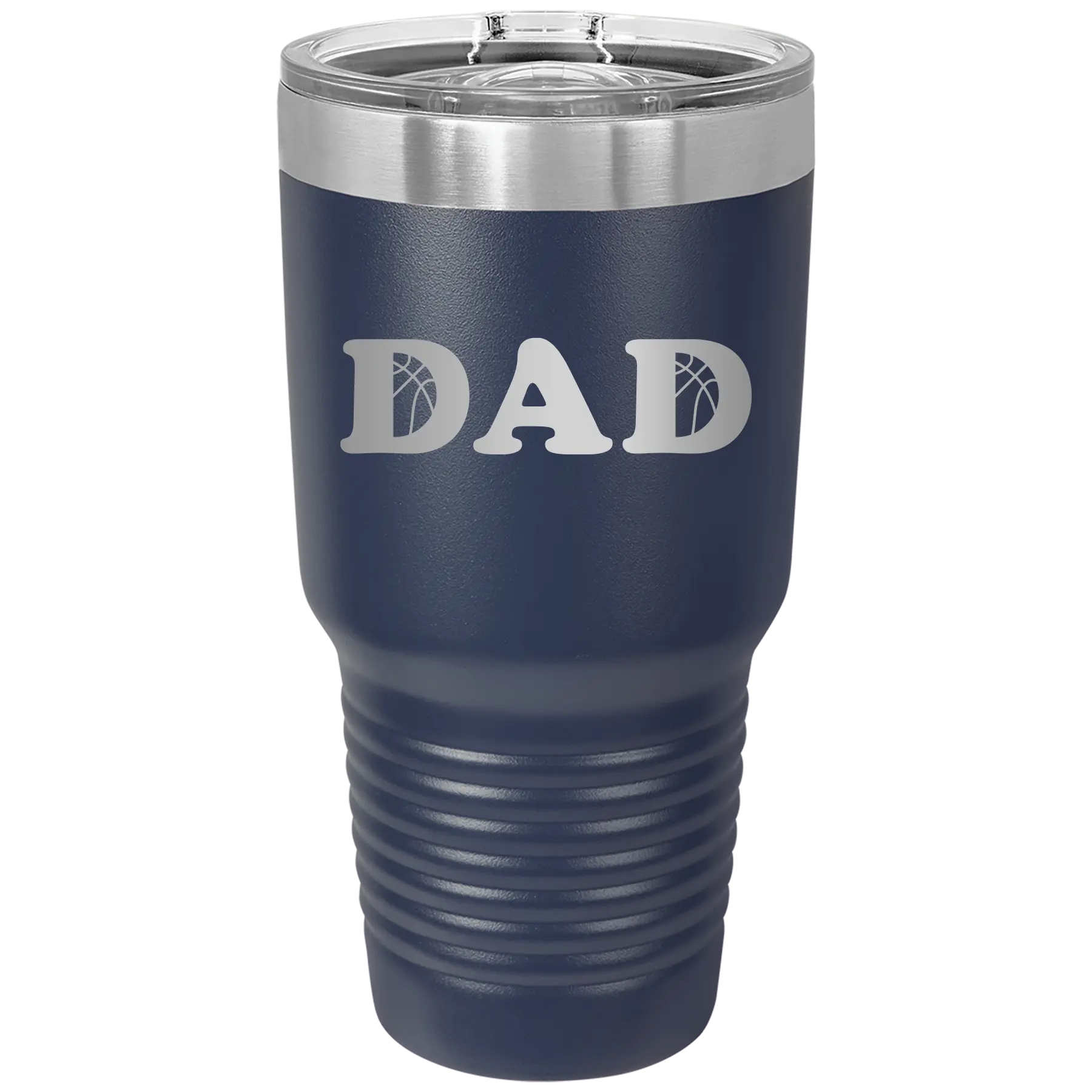 Laser etched navy 30 oz vacuum insulated tumbler with 'Basketball Dad' design