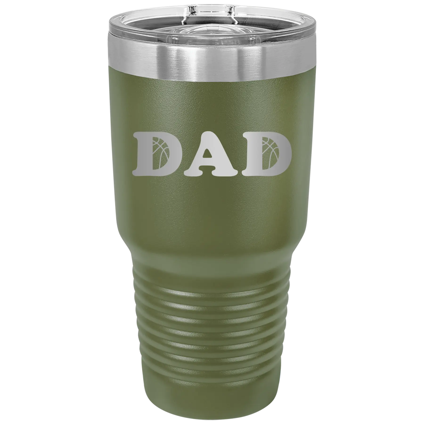 Laser etched olive green 30 oz vacuum insulated tumbler with 'Basketball Dad' design