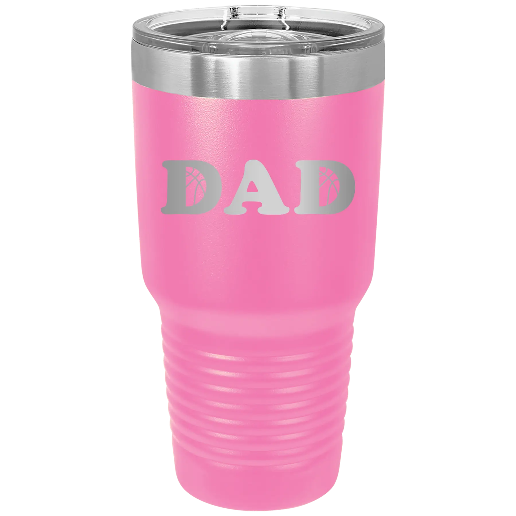 Laser etched pink 30 oz vacuum insulated tumbler with 'Basketball Dad' design
