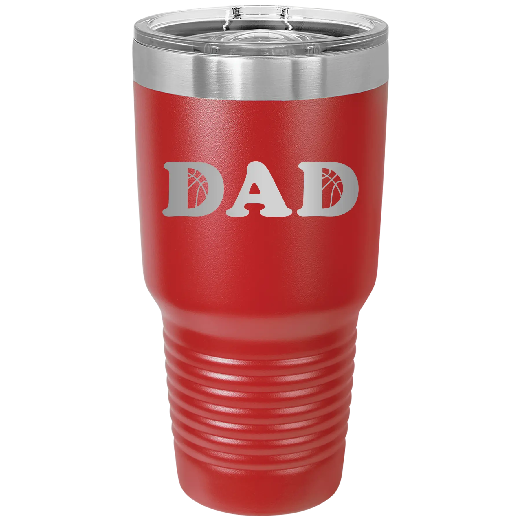 Laser etched red 30 oz vacuum insulated tumbler with 'Basketball Dad' design