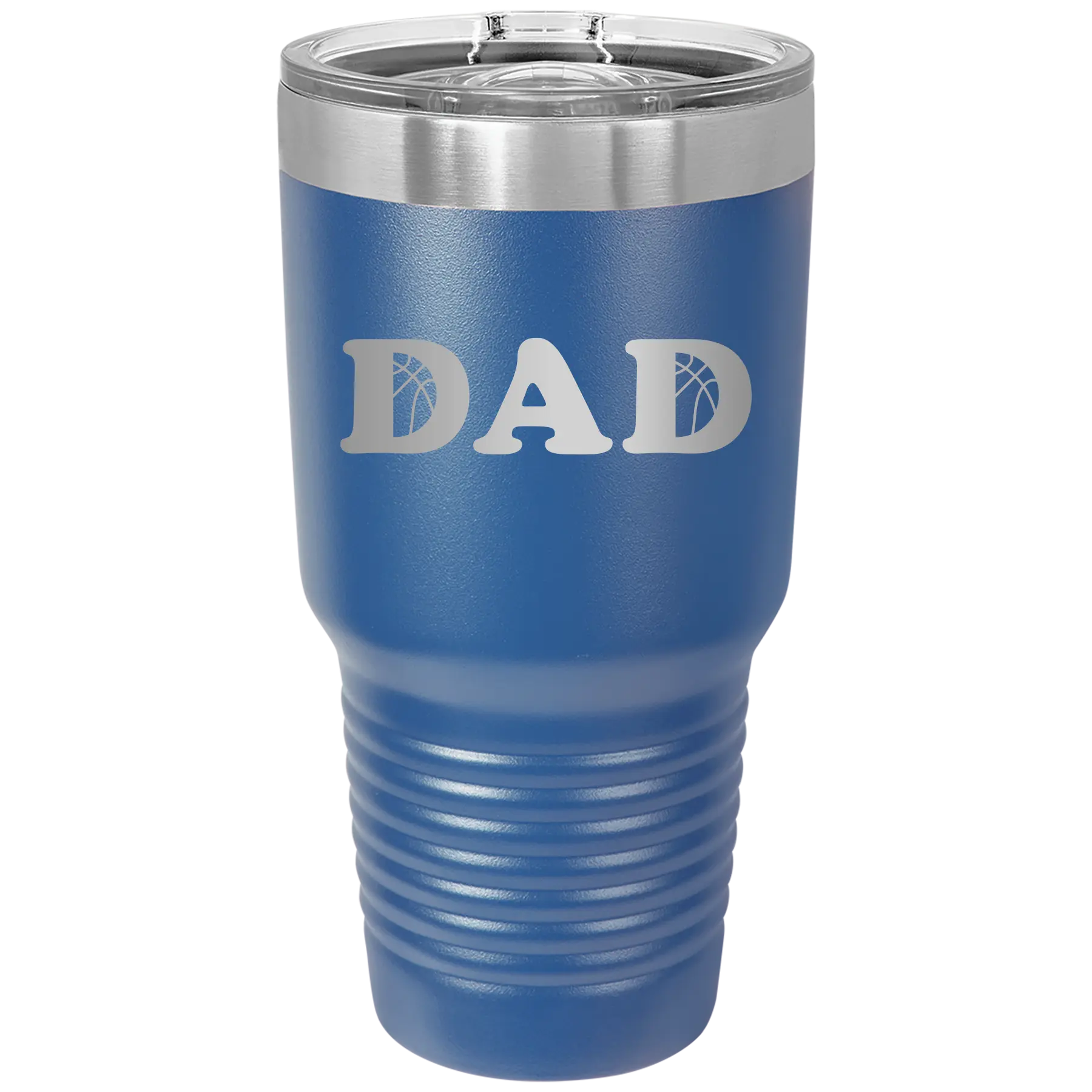 Laser etched royal blue 30 oz vacuum insulated tumbler with 'Basketball Dad' design