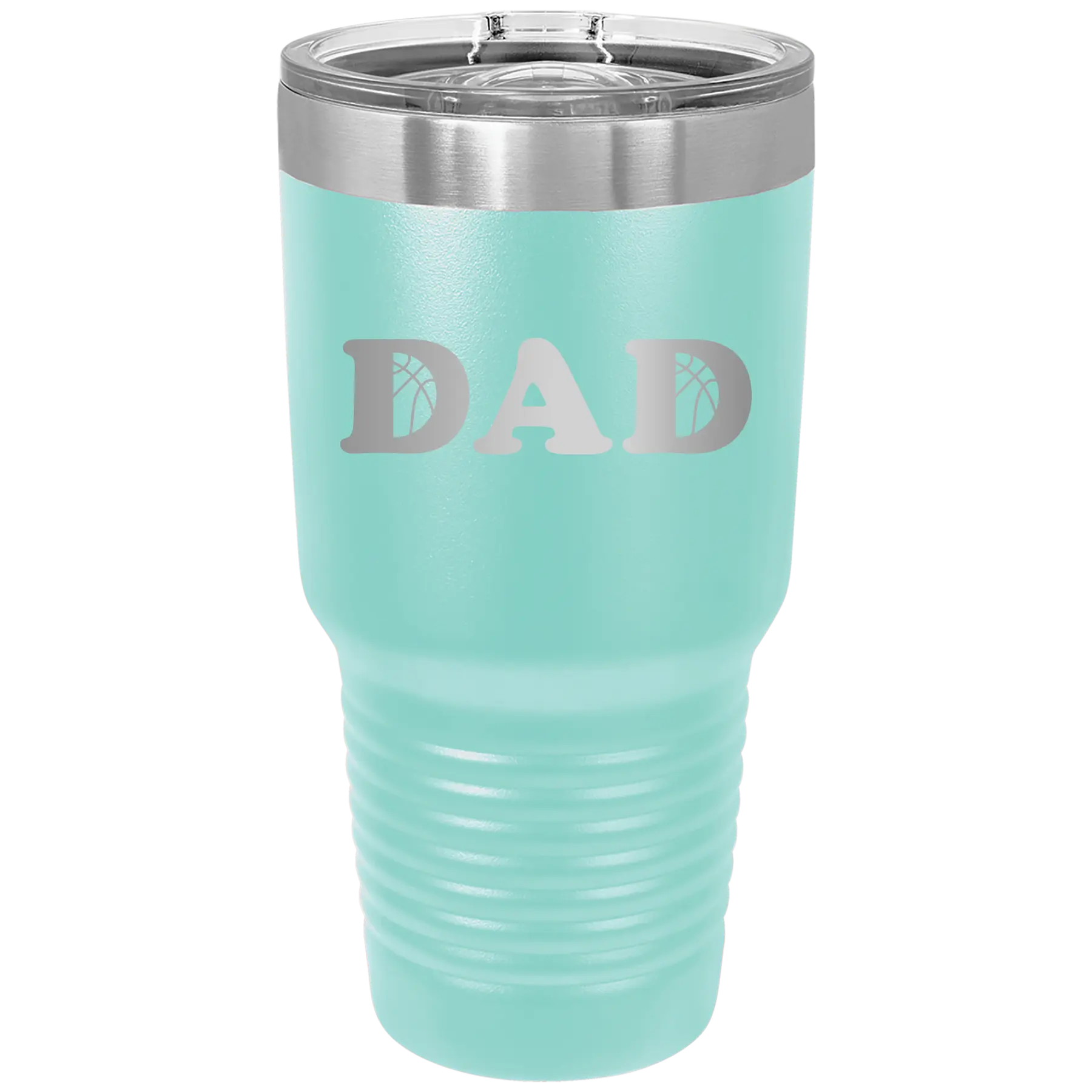 Laser etched teal 30 oz vacuum insulated tumbler with 'Basketball Dad' design