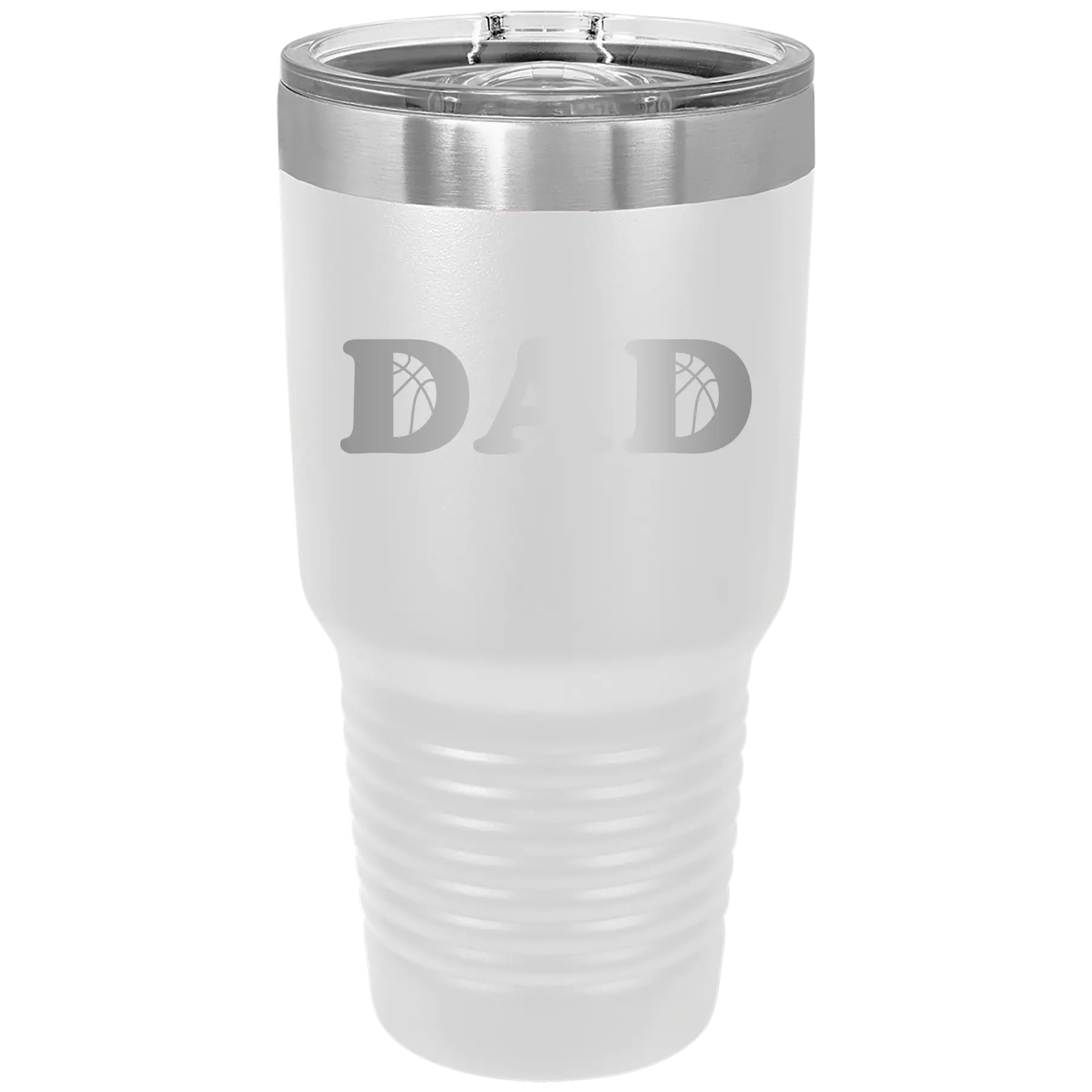 Laser etched white 30 oz vacuum insulated tumbler with 'Basketball Dad' design
