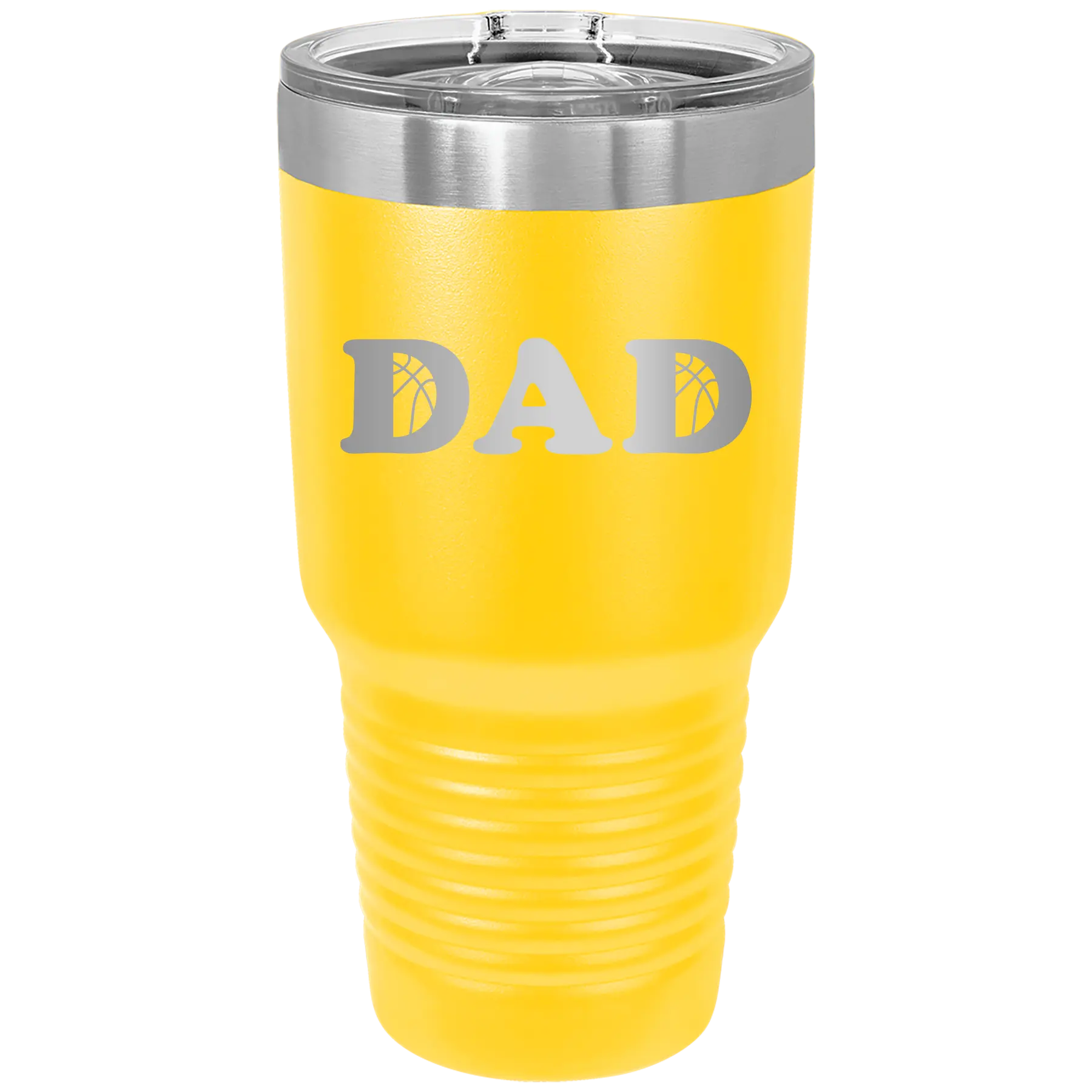 Laser etched yellow 30 oz vacuum insulated tumbler with 'Basketball Dad' design