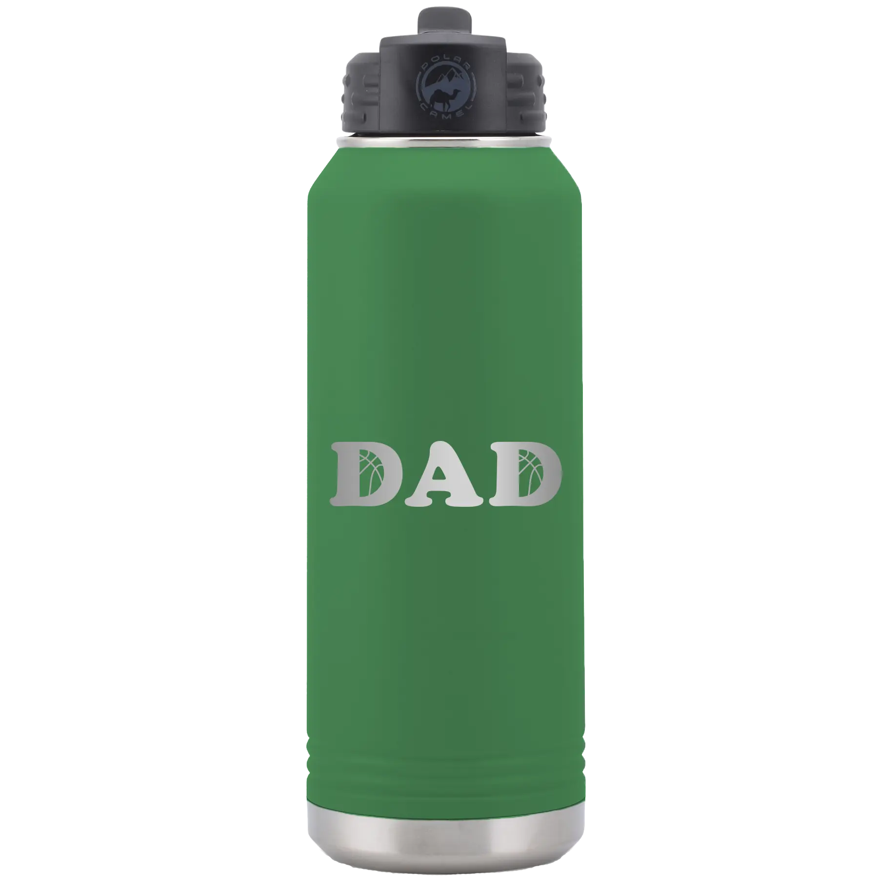Laser etched green 32 oz vacuum insulated water bottle with 'Basketball Dad' design