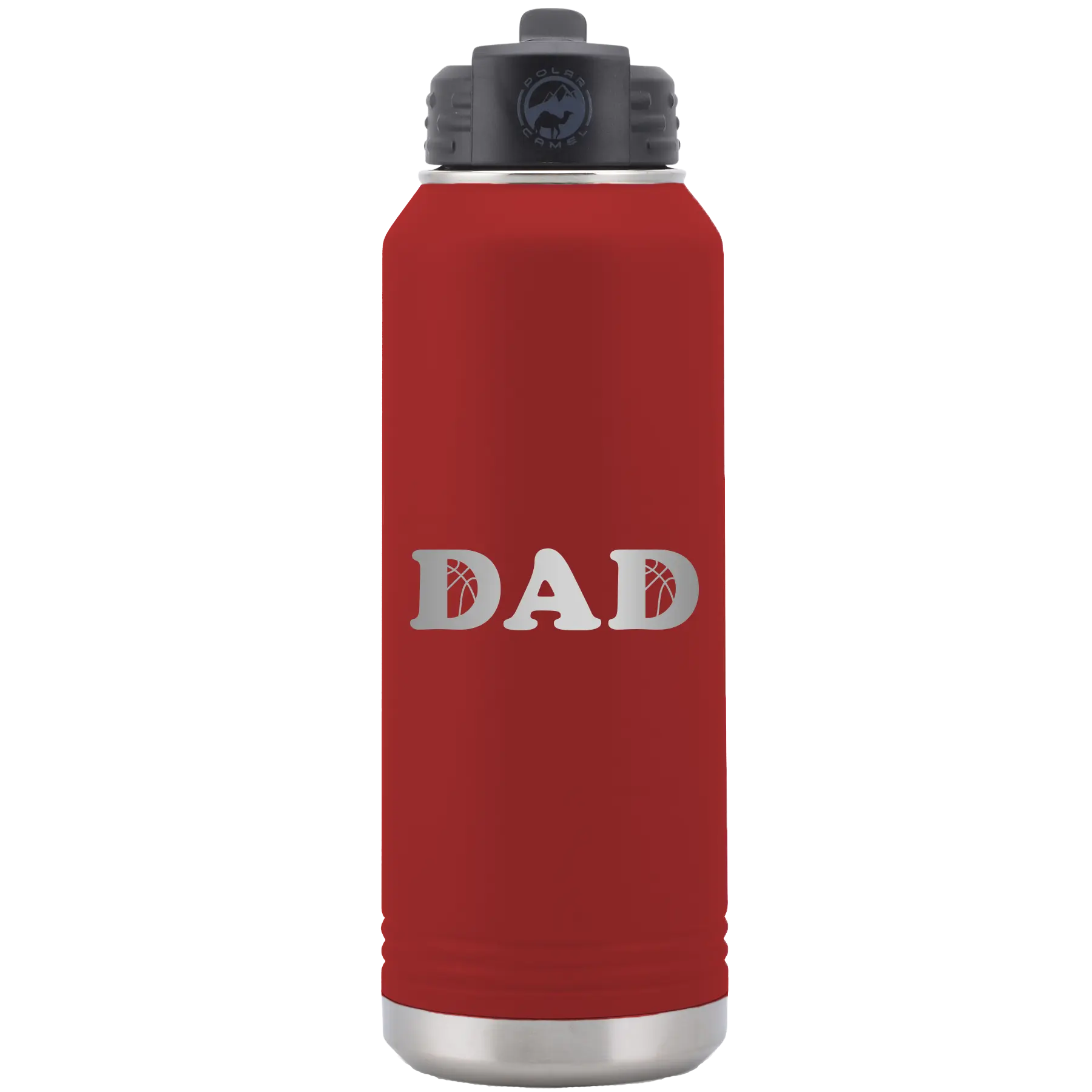 Laser etched maroon 32 oz vacuum insulated water bottle with 'Basketball Dad' design
