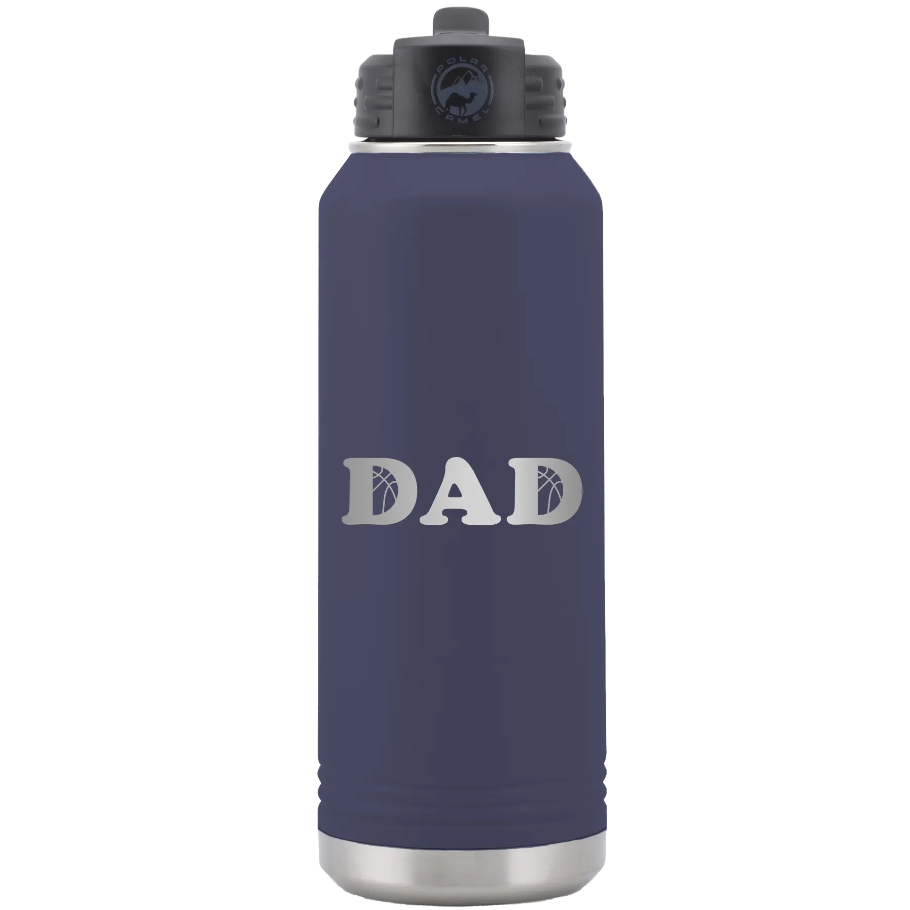 Laser etched navy 32 oz vacuum insulated water bottle with 'Basketball Dad' design