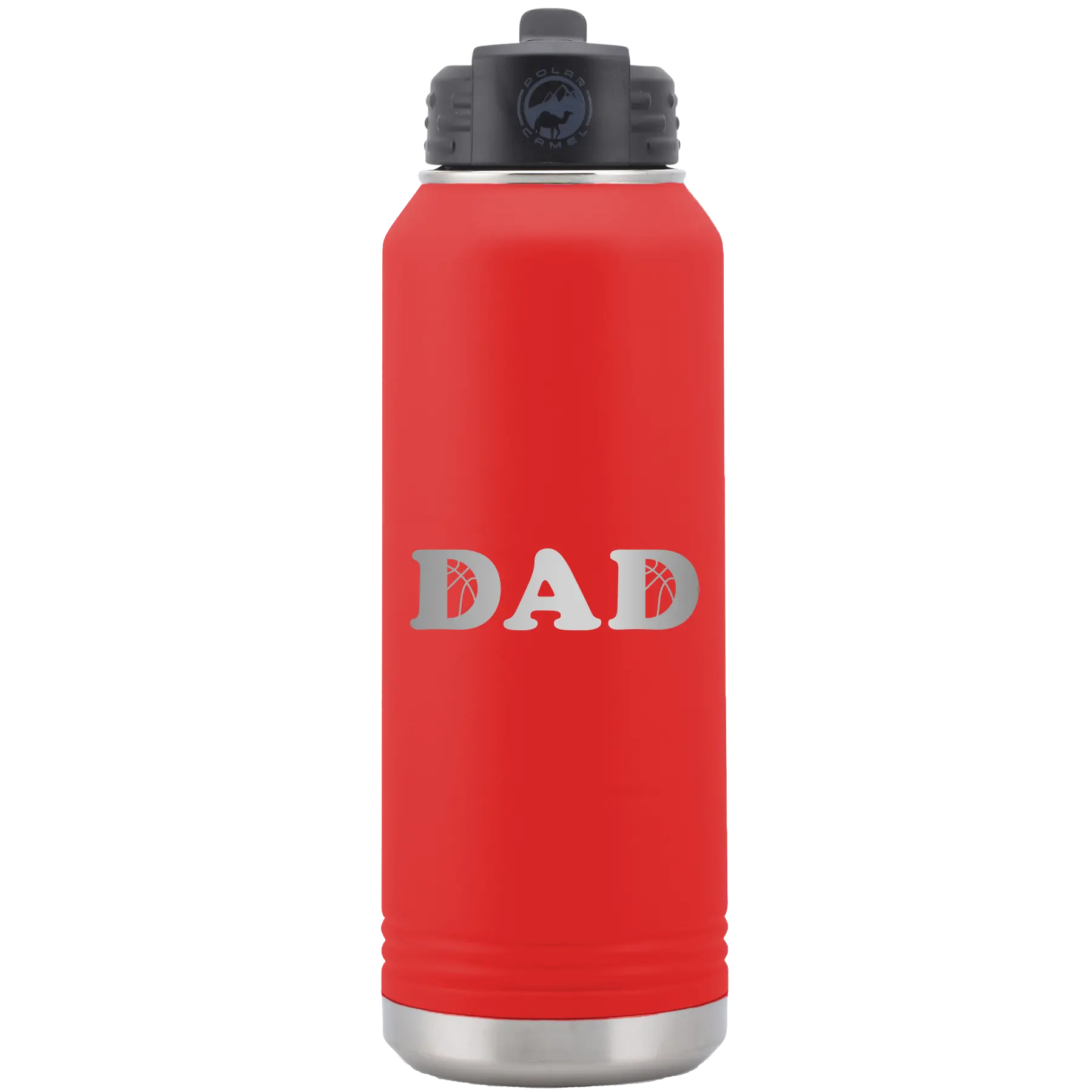 Laser etched red 32 oz vacuum insulated water bottle with 'Basketball Dad' design