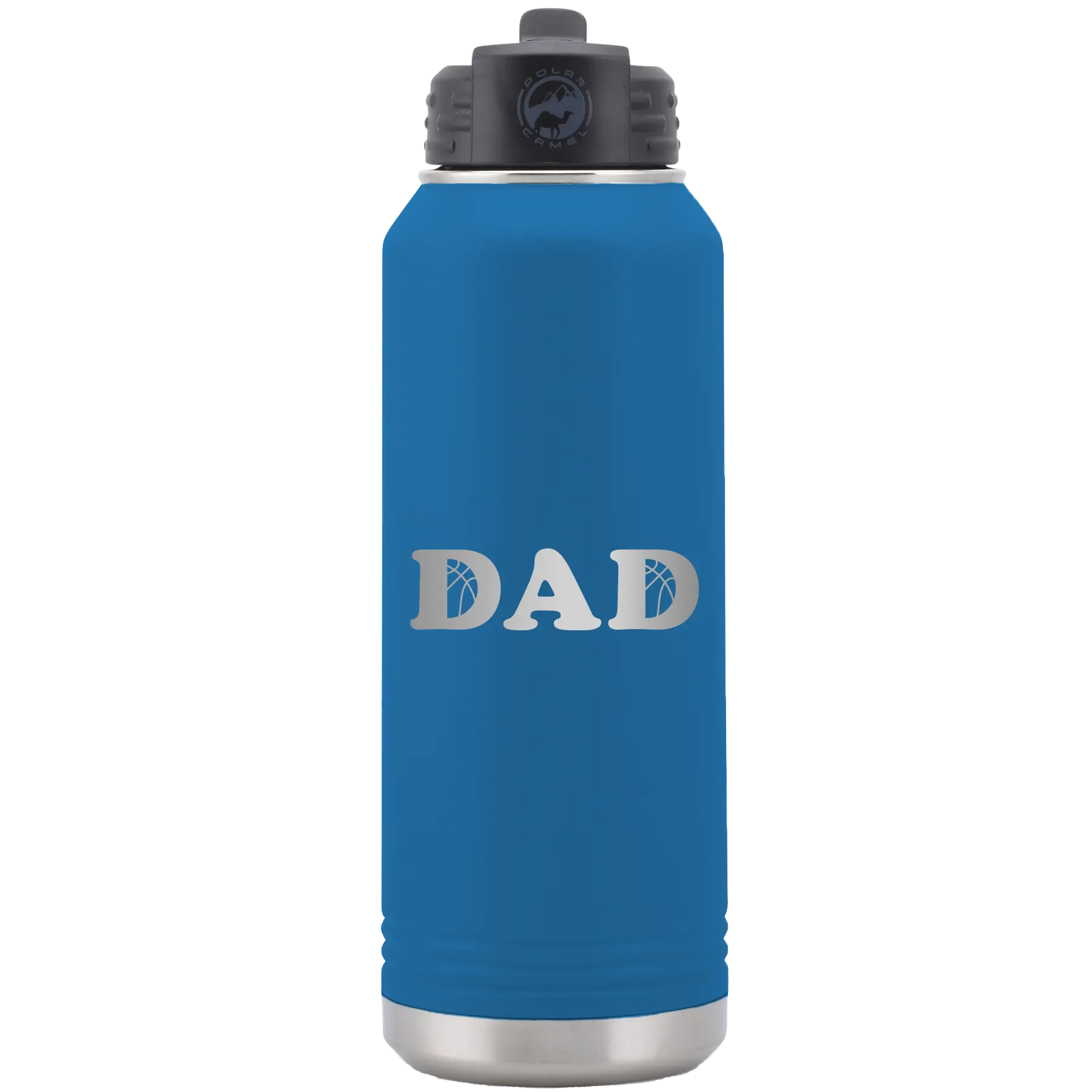 Laser etched royal blue 32 oz vacuum insulated water bottle with 'Basketball Dad' design