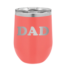 Laser etched coral 12 oz vacuum insulated wine cup with 'Basketball Dad' design