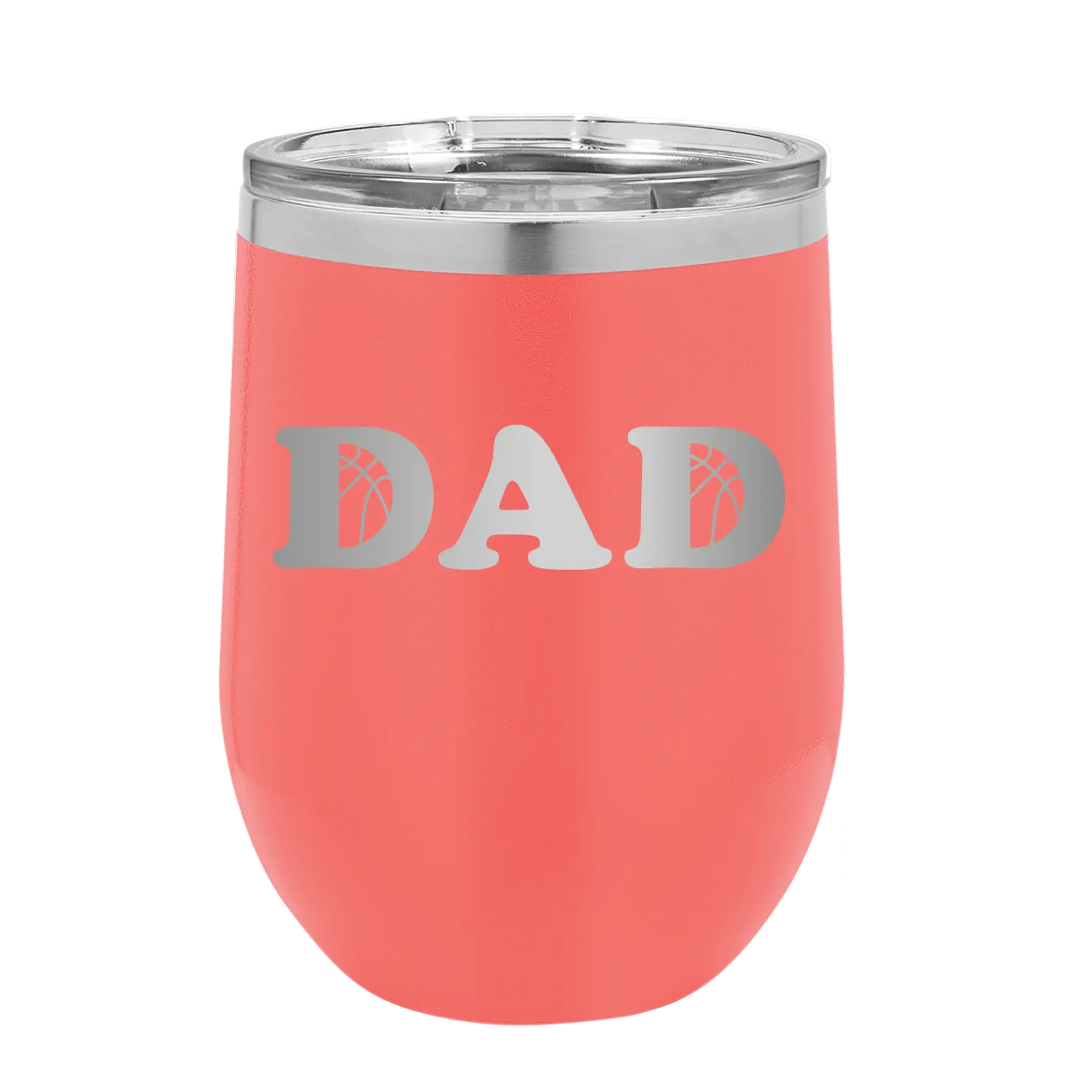 Laser etched coral 12 oz vacuum insulated wine cup with 'Basketball Dad' design