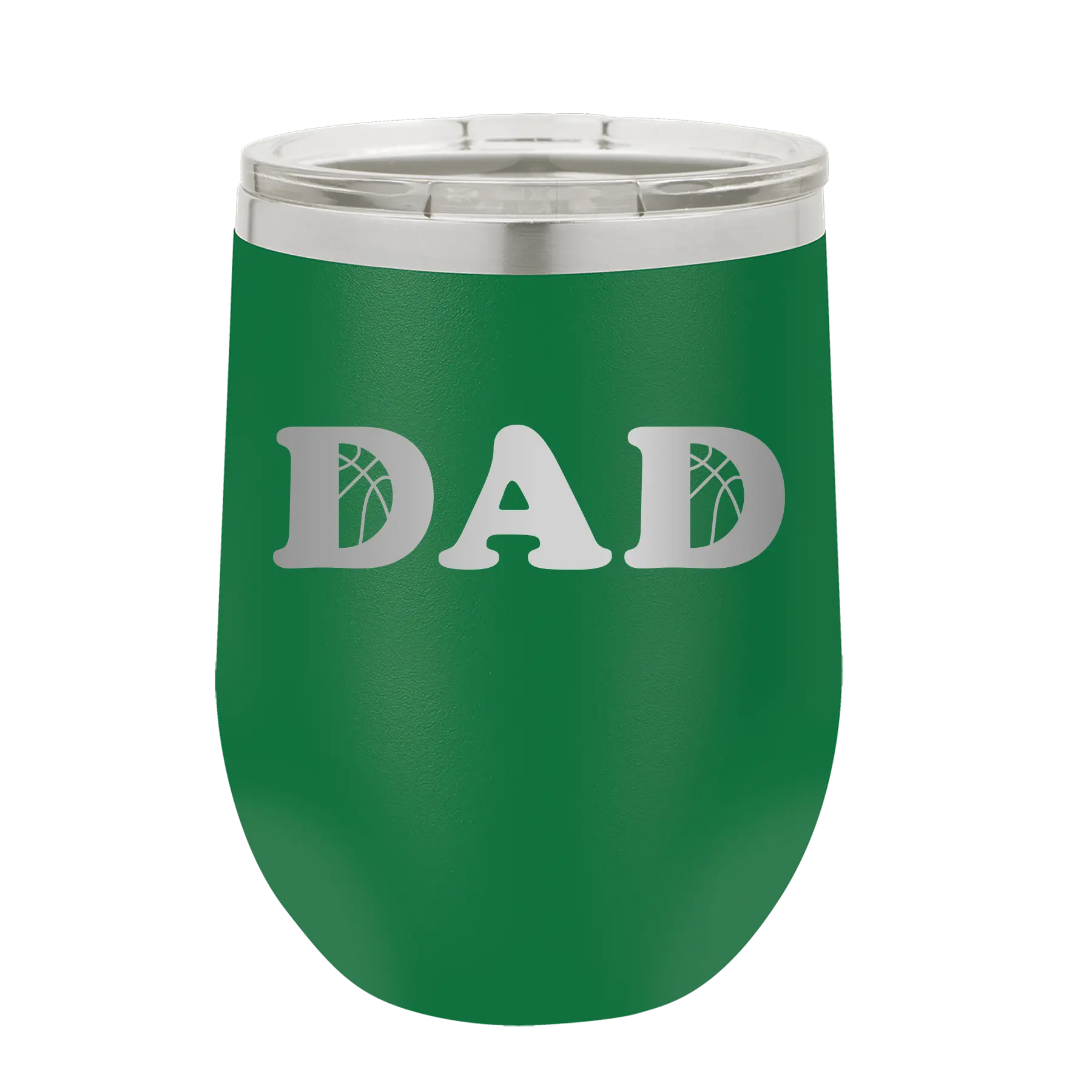 Laser etched green 12 oz vacuum insulated wine cup with 'Basketball Dad' design