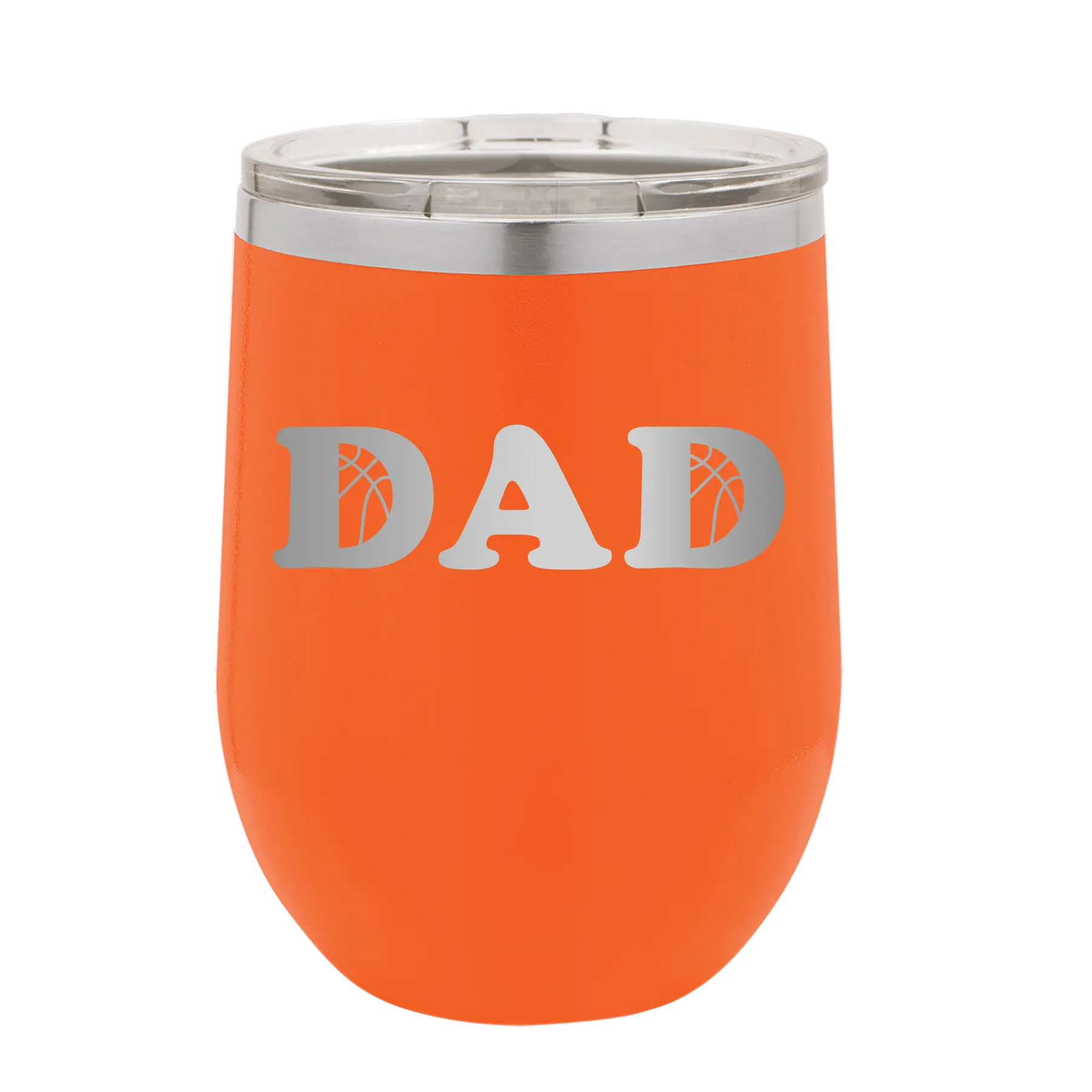 Laser etched orange 12 oz vacuum insulated wine cup with 'Basketball Dad' design