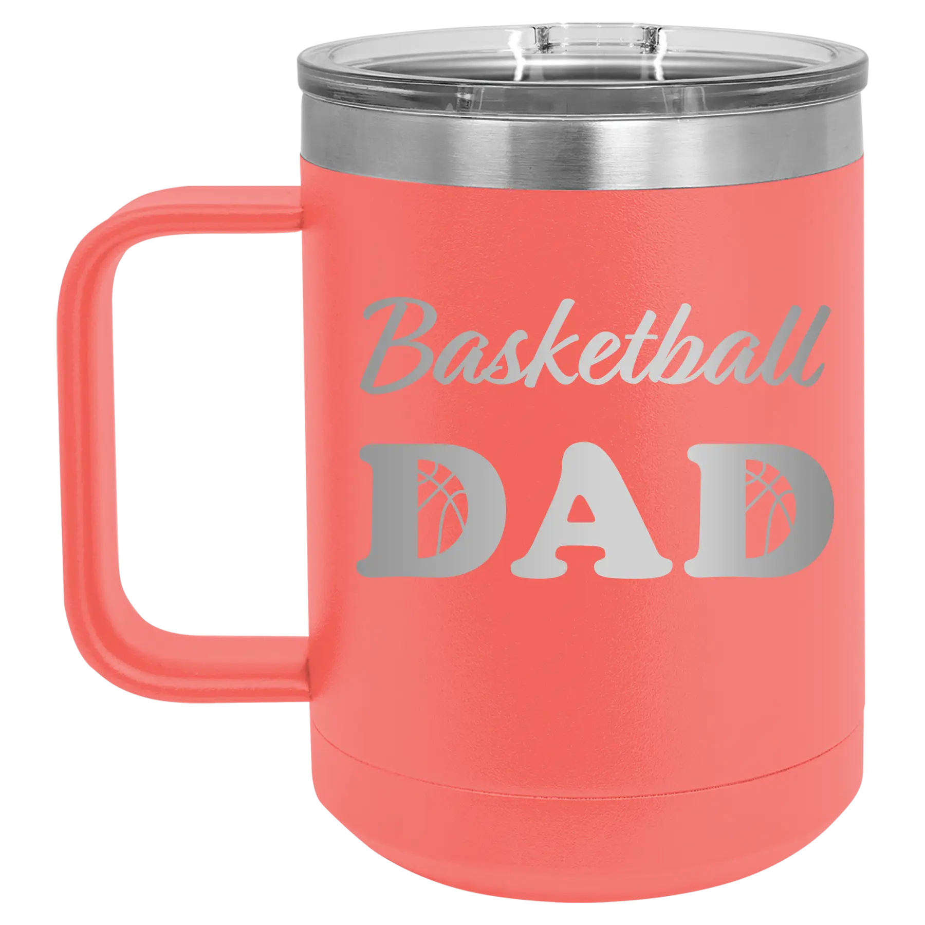 Laser etched coral 15 oz vacuum insulated coffee mug with 'Basketball Dad2' design