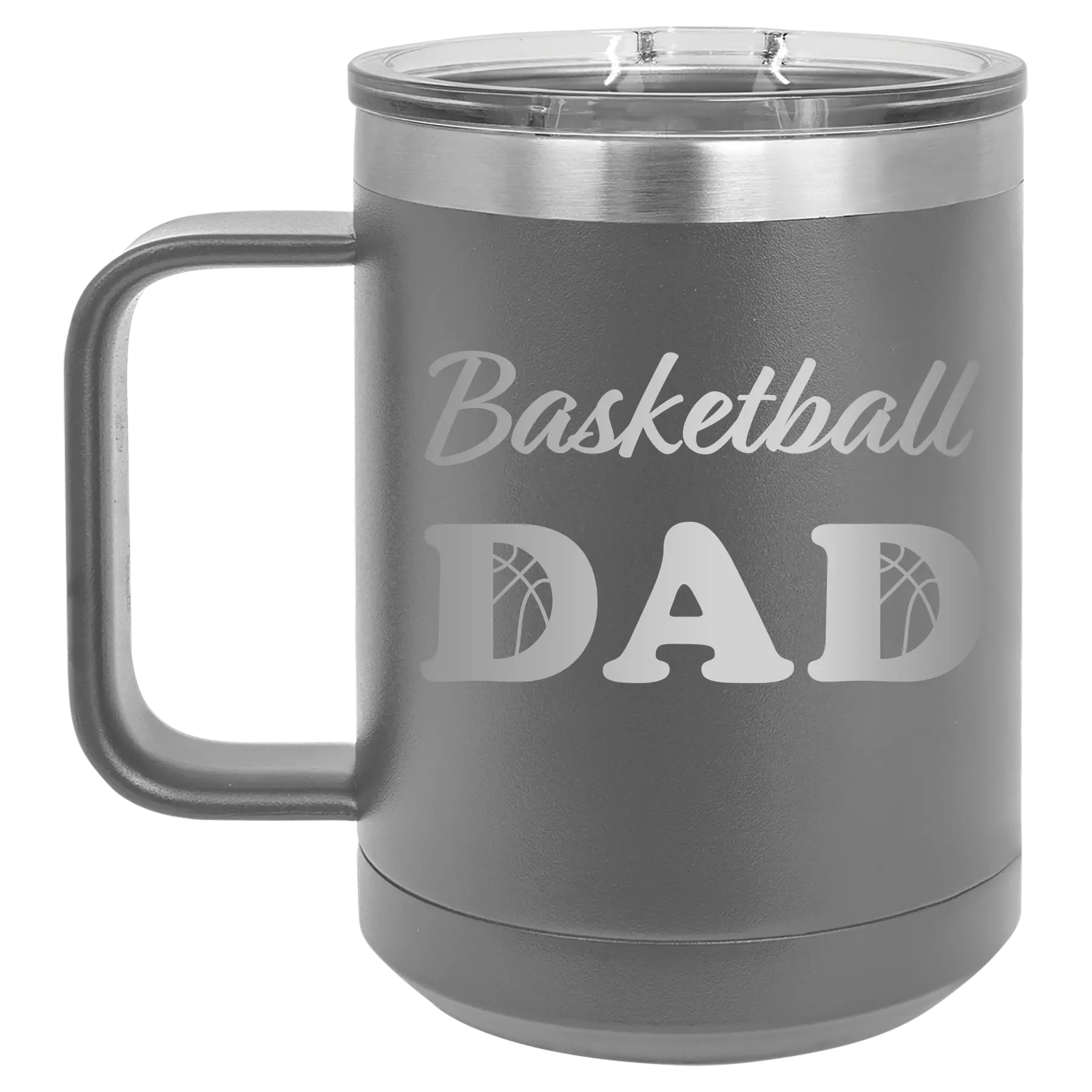 Laser etched dark gray 15 oz vacuum insulated coffee mug with 'Basketball Dad2' design