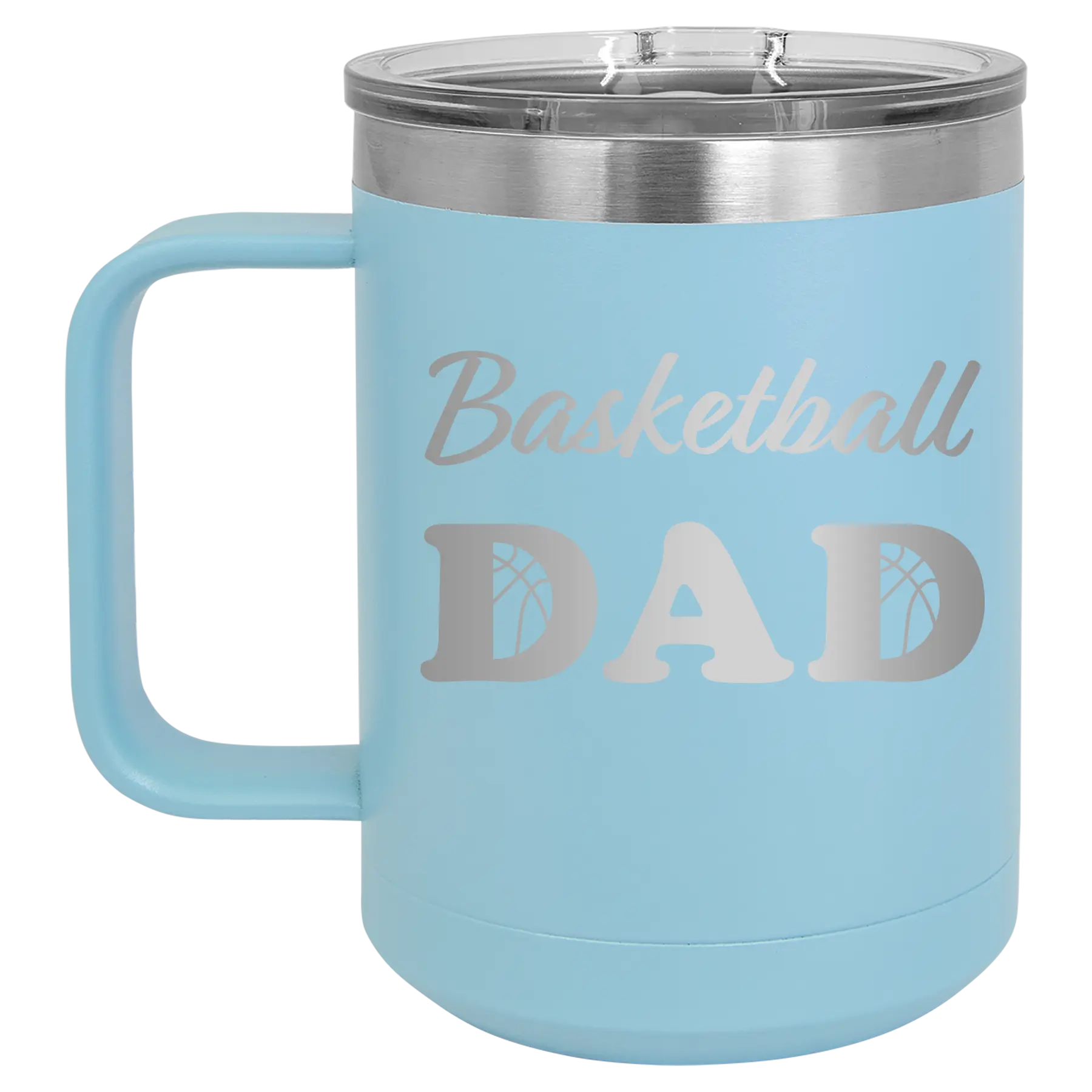 Laser etched light blue 15 oz vacuum insulated coffee mug with 'Basketball Dad2' design