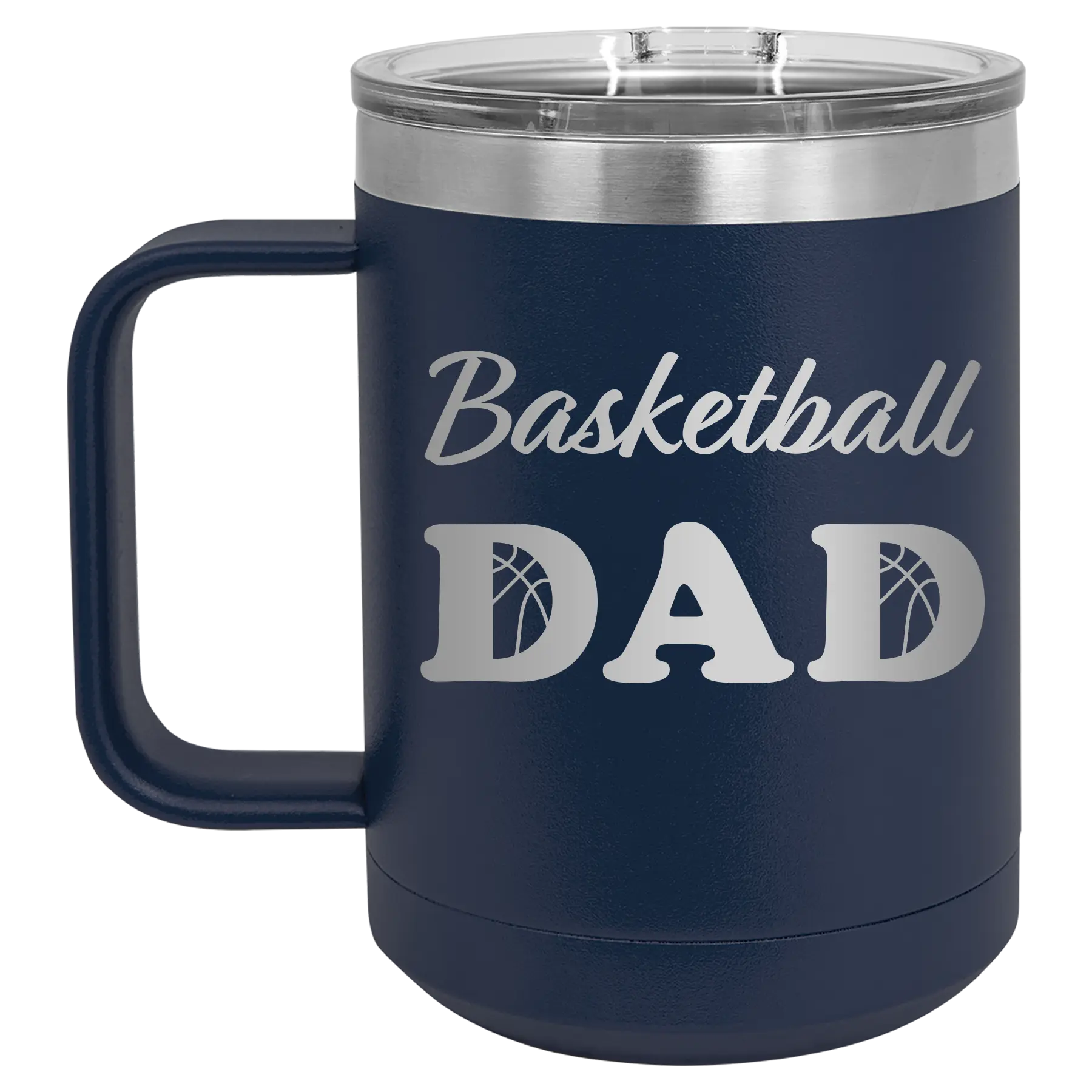 Laser etched navy 15 oz vacuum insulated coffee mug with 'Basketball Dad2' design