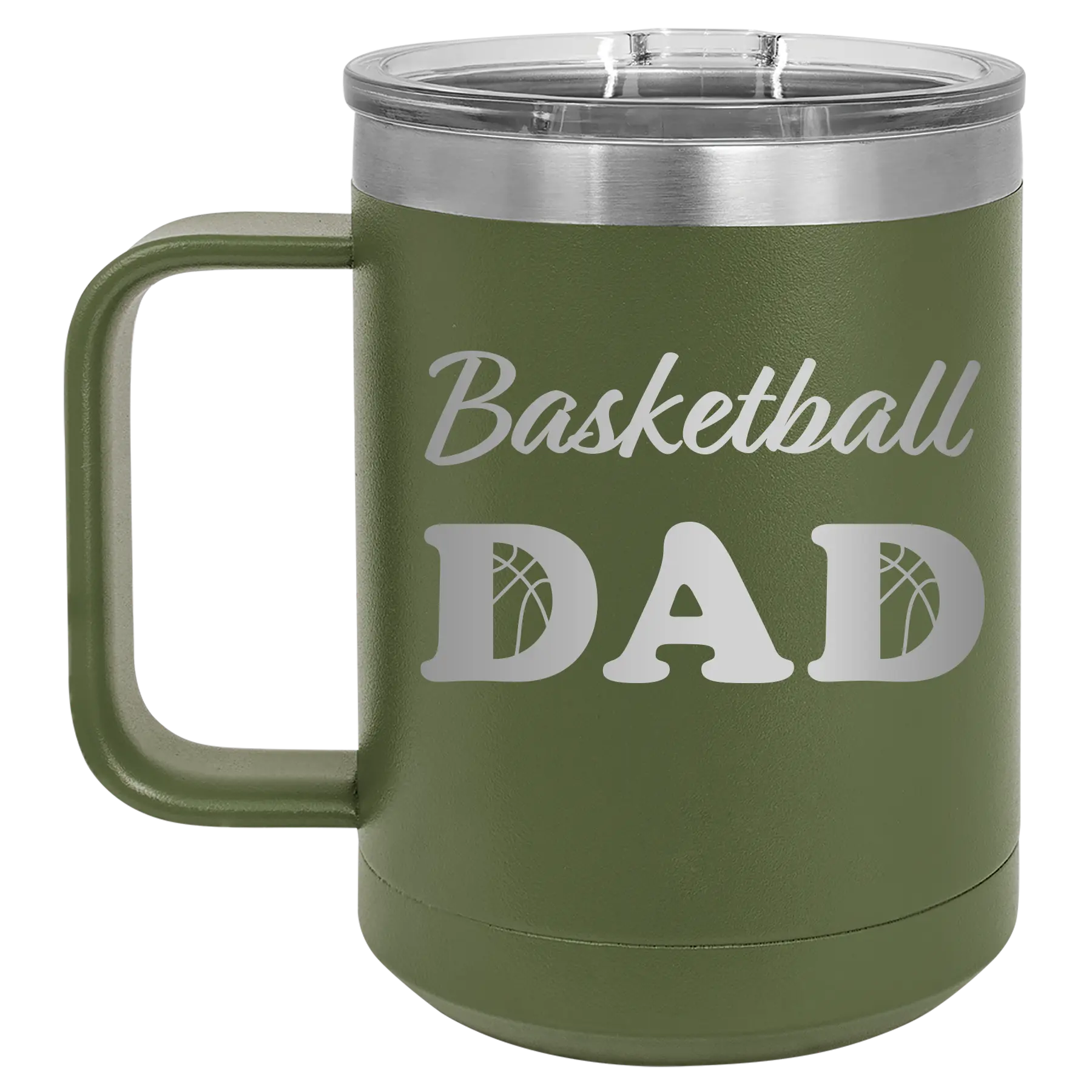 Laser etched olive green 15 oz vacuum insulated coffee mug with 'Basketball Dad2' design