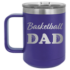 Laser etched purple 15 oz vacuum insulated coffee mug with 'Basketball Dad2' design
