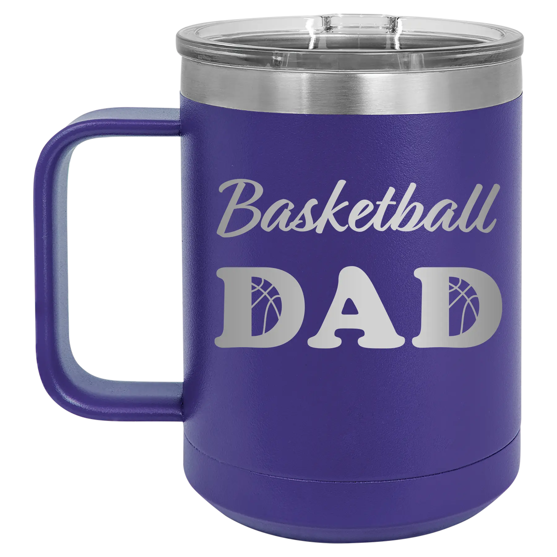 Laser etched purple 15 oz vacuum insulated coffee mug with 'Basketball Dad2' design