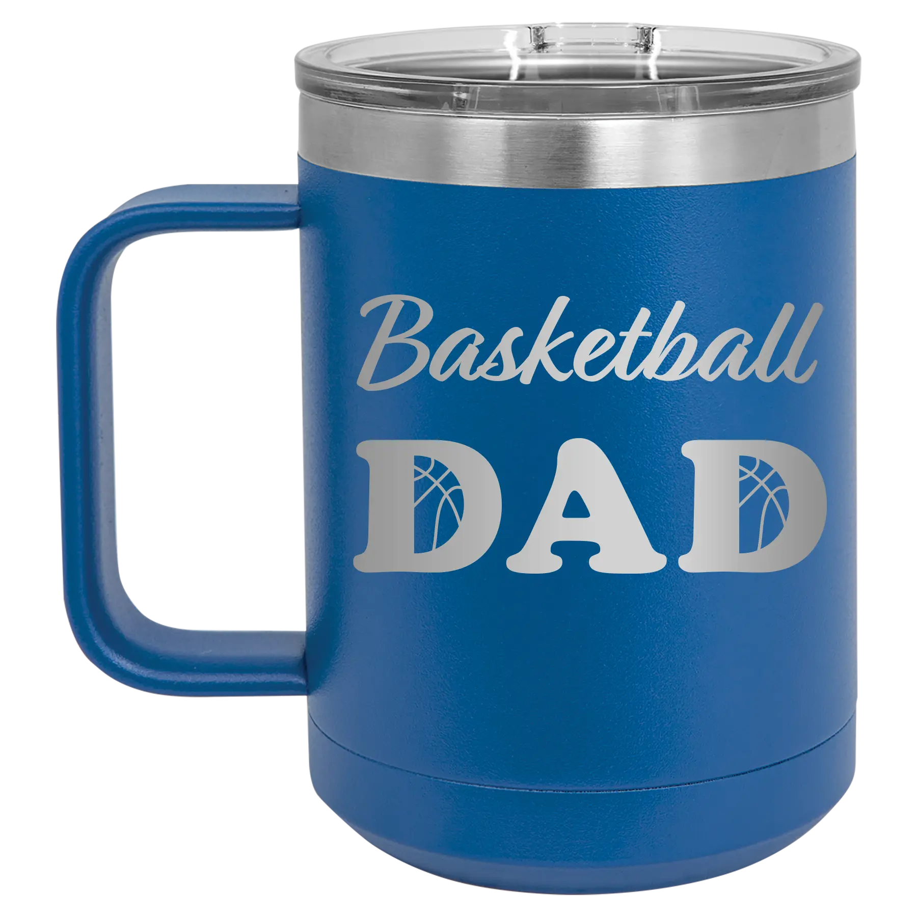 Laser etched royal blue 15 oz vacuum insulated coffee mug with 'Basketball Dad2' design