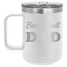 Laser etched white 15 oz vacuum insulated coffee mug with 'Basketball Dad2' design