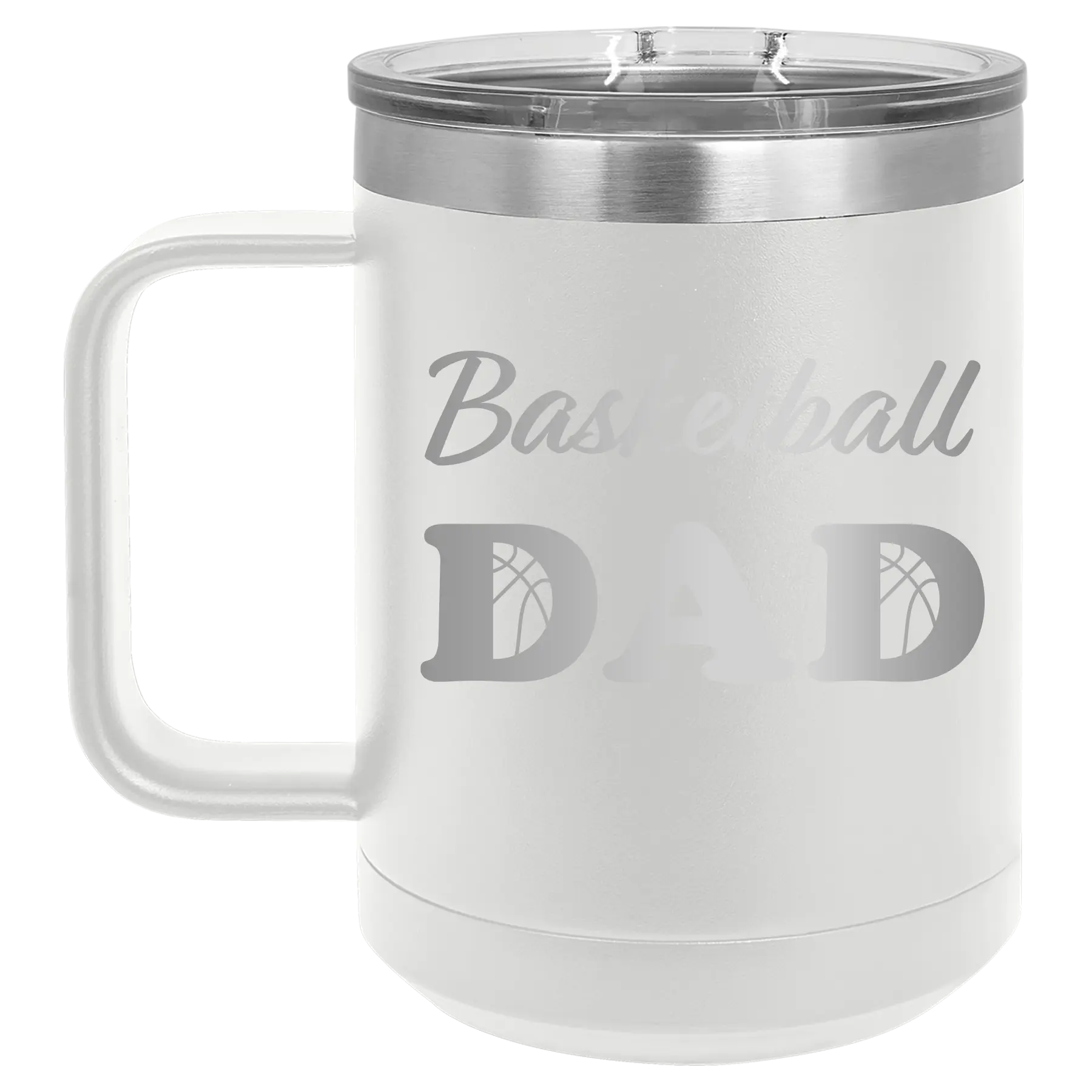 Laser etched white 15 oz vacuum insulated coffee mug with 'Basketball Dad2' design