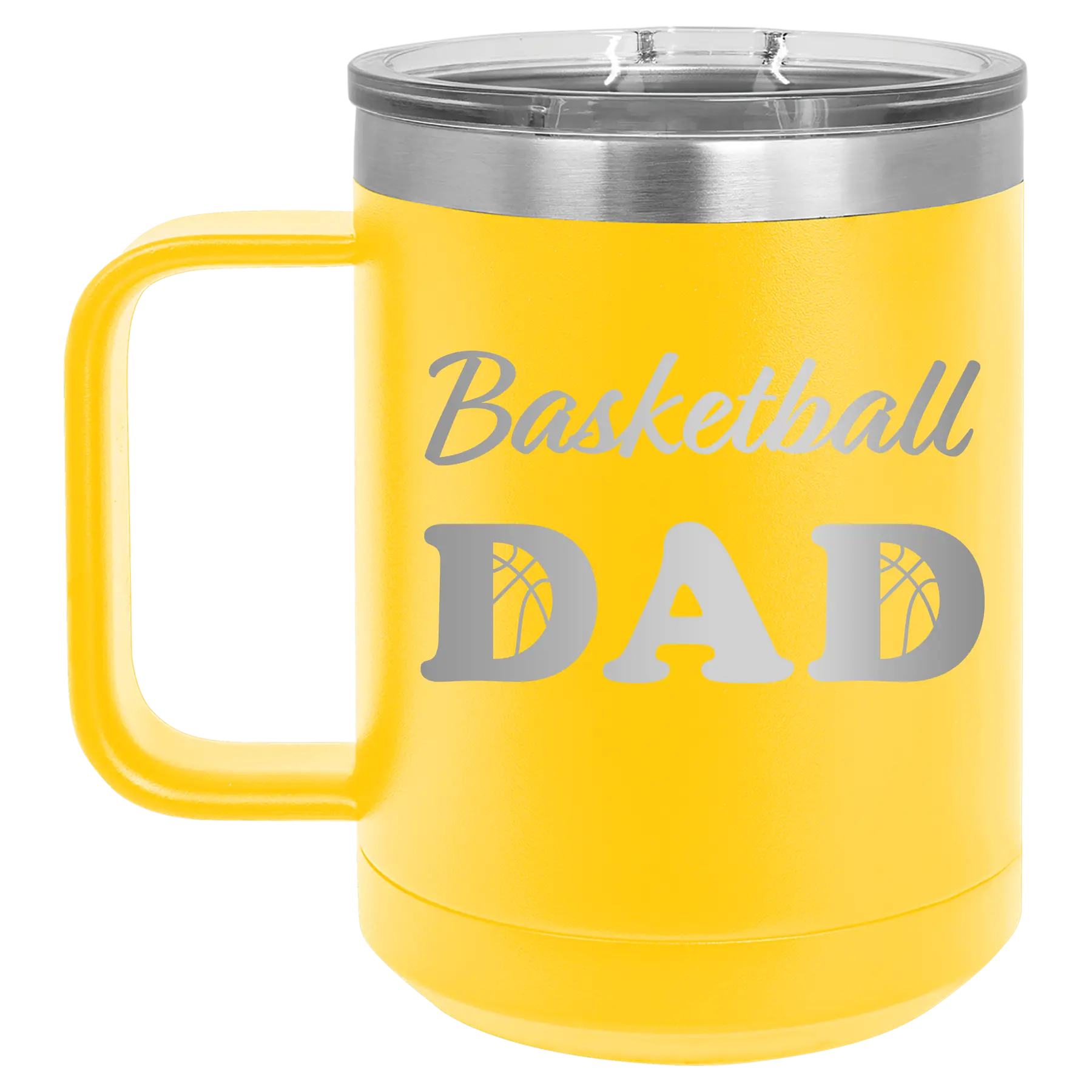 Laser etched yellow 15 oz vacuum insulated coffee mug with 'Basketball Dad2' design