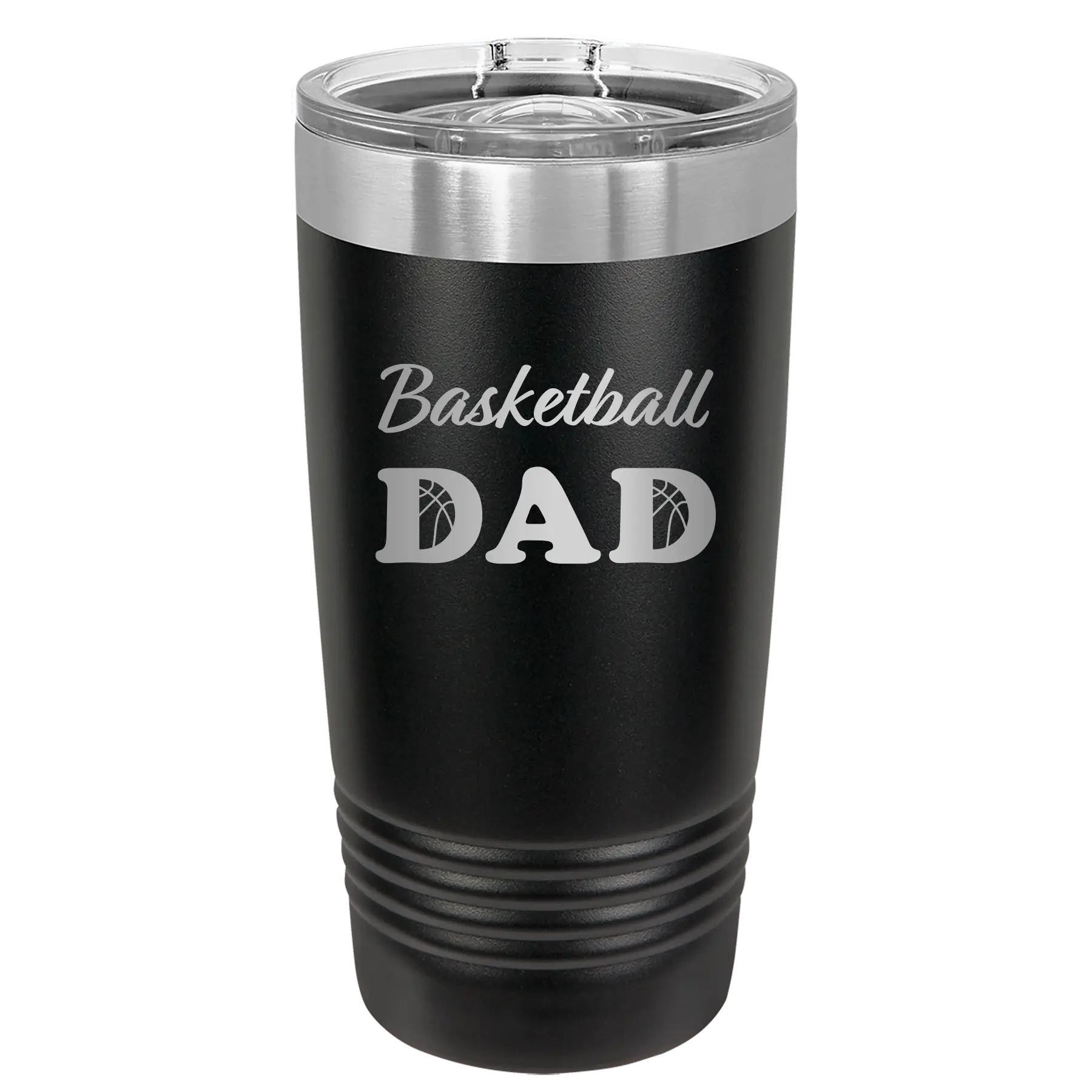 Laser etched black 20 oz vacuum insulated tumbler with 'Basketball Dad2' design