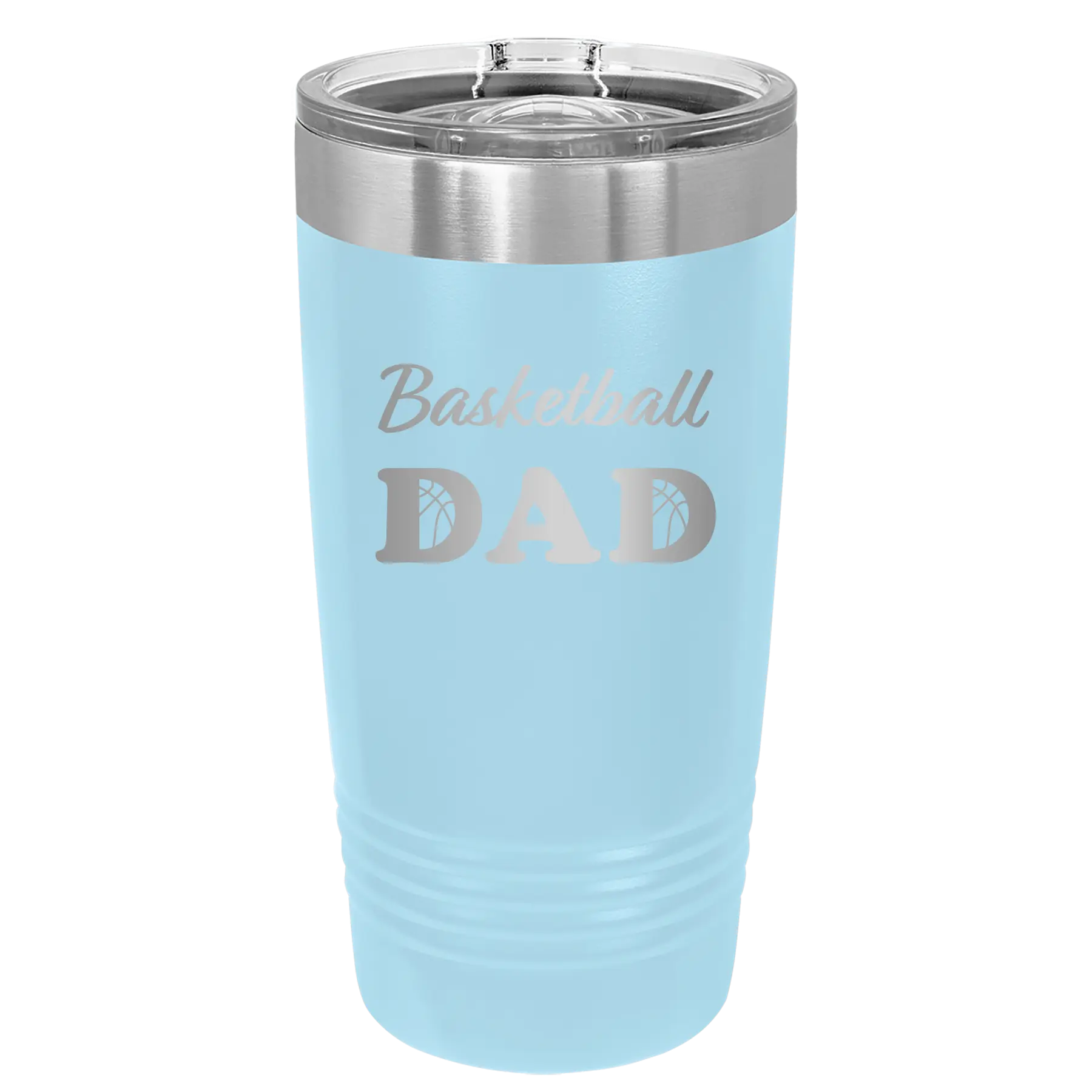 Laser etched light blue 20 oz vacuum insulated tumbler with 'Basketball Dad2' design