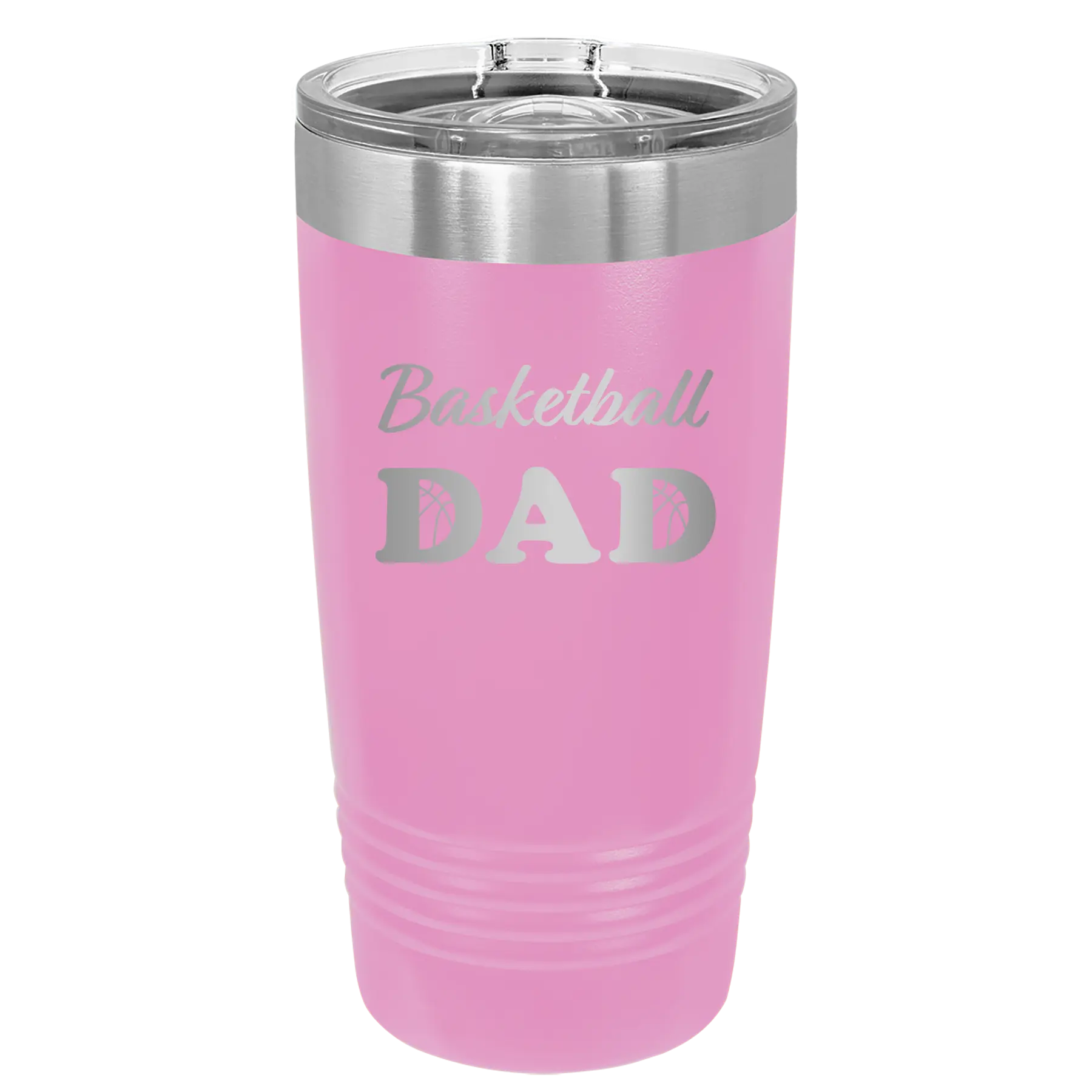 Laser etched light purple 20 oz vacuum insulated tumbler with 'Basketball Dad2' design