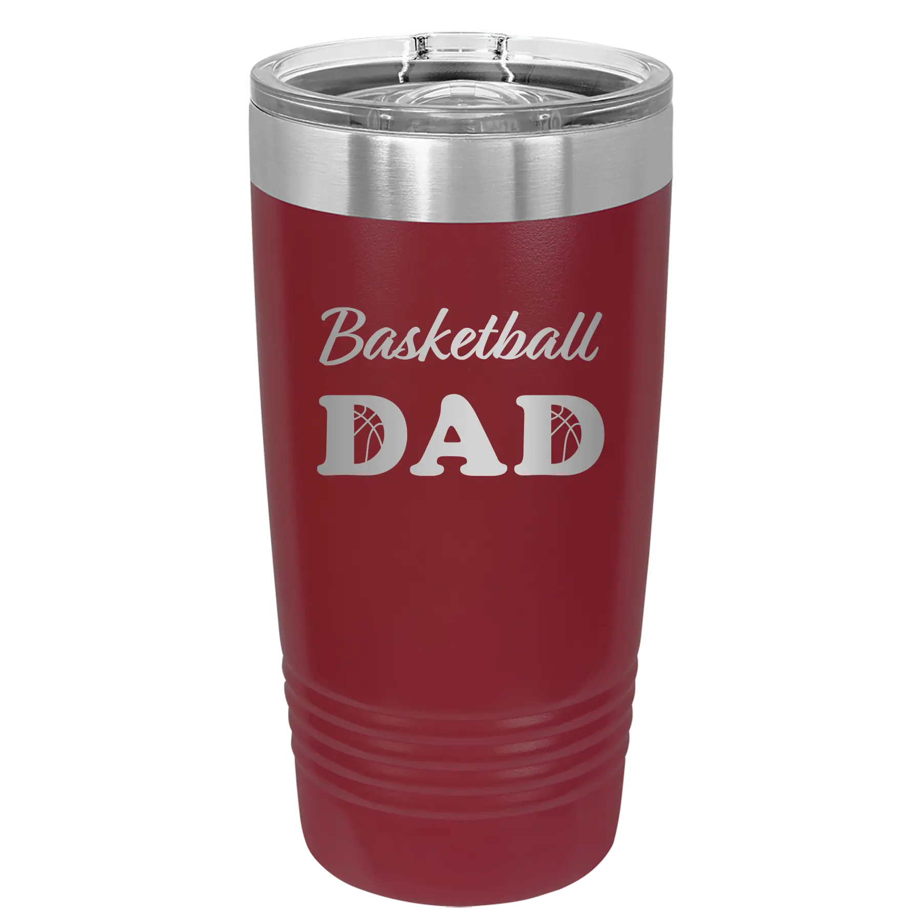 Laser etched maroon 20 oz vacuum insulated tumbler with 'Basketball Dad2' design