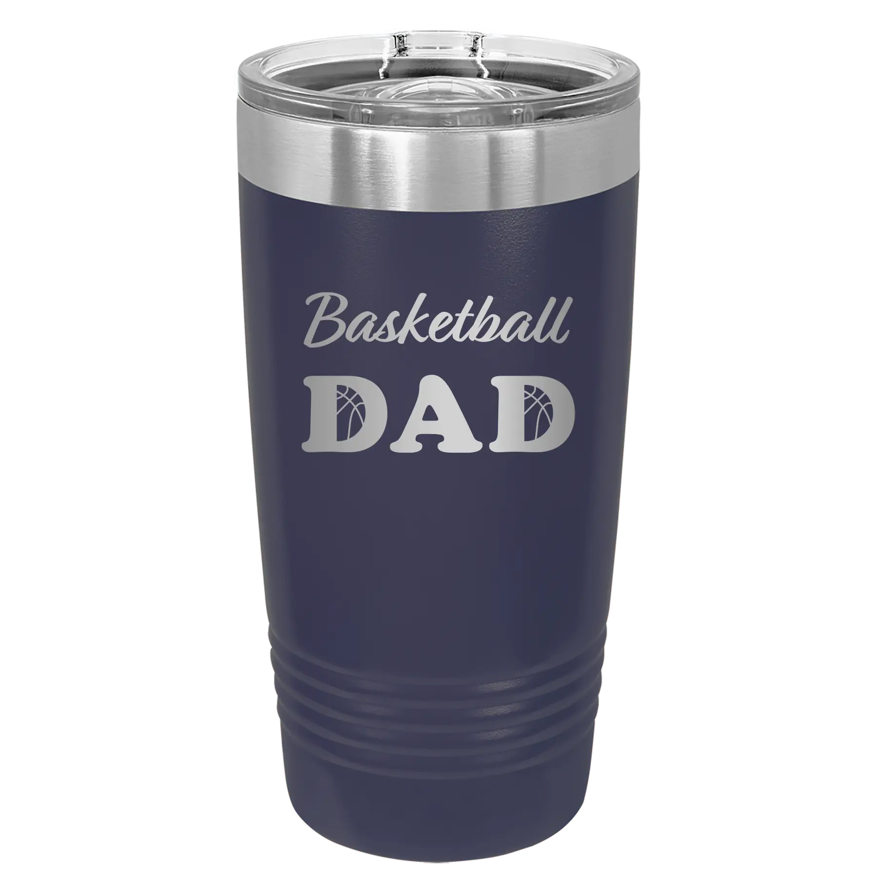 Laser etched navy 20 oz vacuum insulated tumbler with 'Basketball Dad2' design