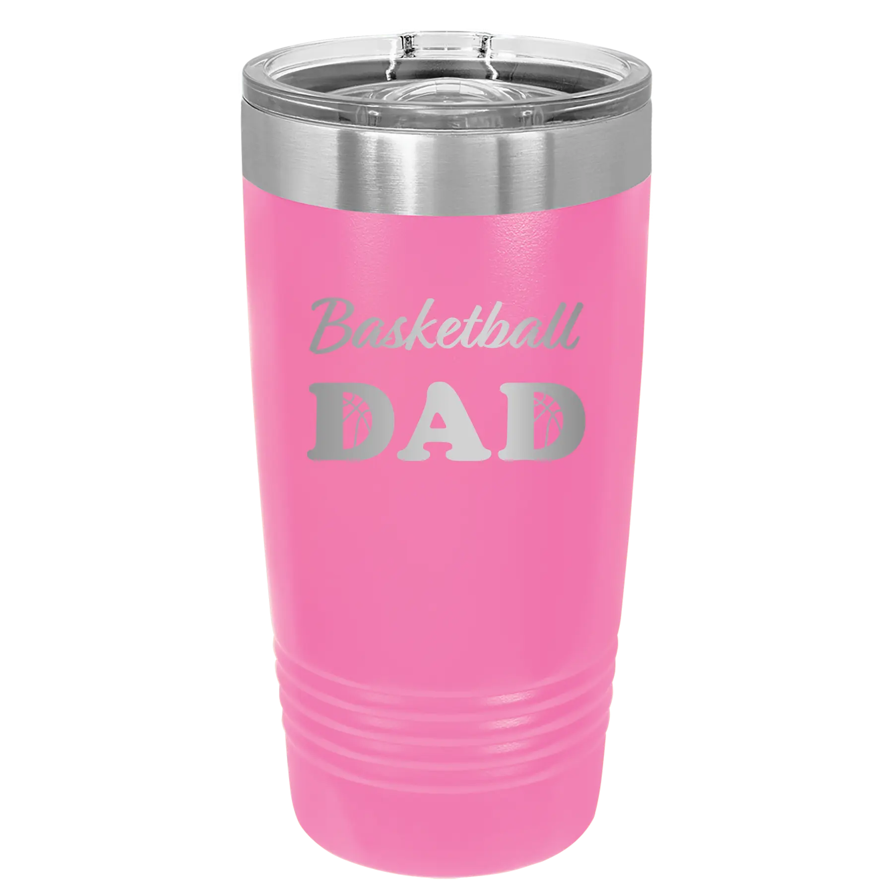 Laser etched pink 20 oz vacuum insulated tumbler with 'Basketball Dad2' design