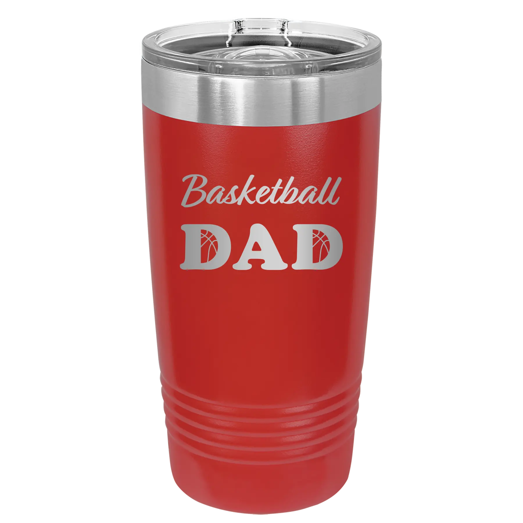 Laser etched red 20 oz vacuum insulated tumbler with 'Basketball Dad2' design